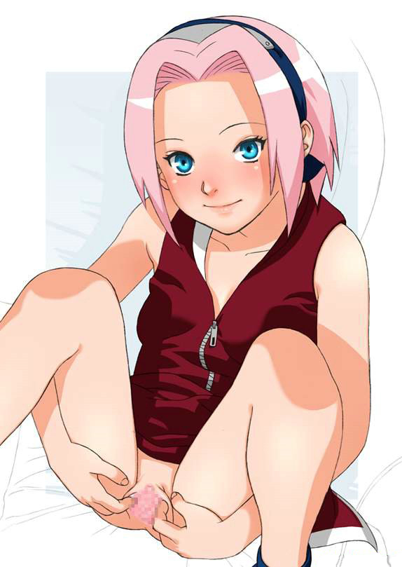 gakuen kantai, haruno sakura, naruto, blue eyes, censored, pink hair, pussy, spread legs, spread pussy