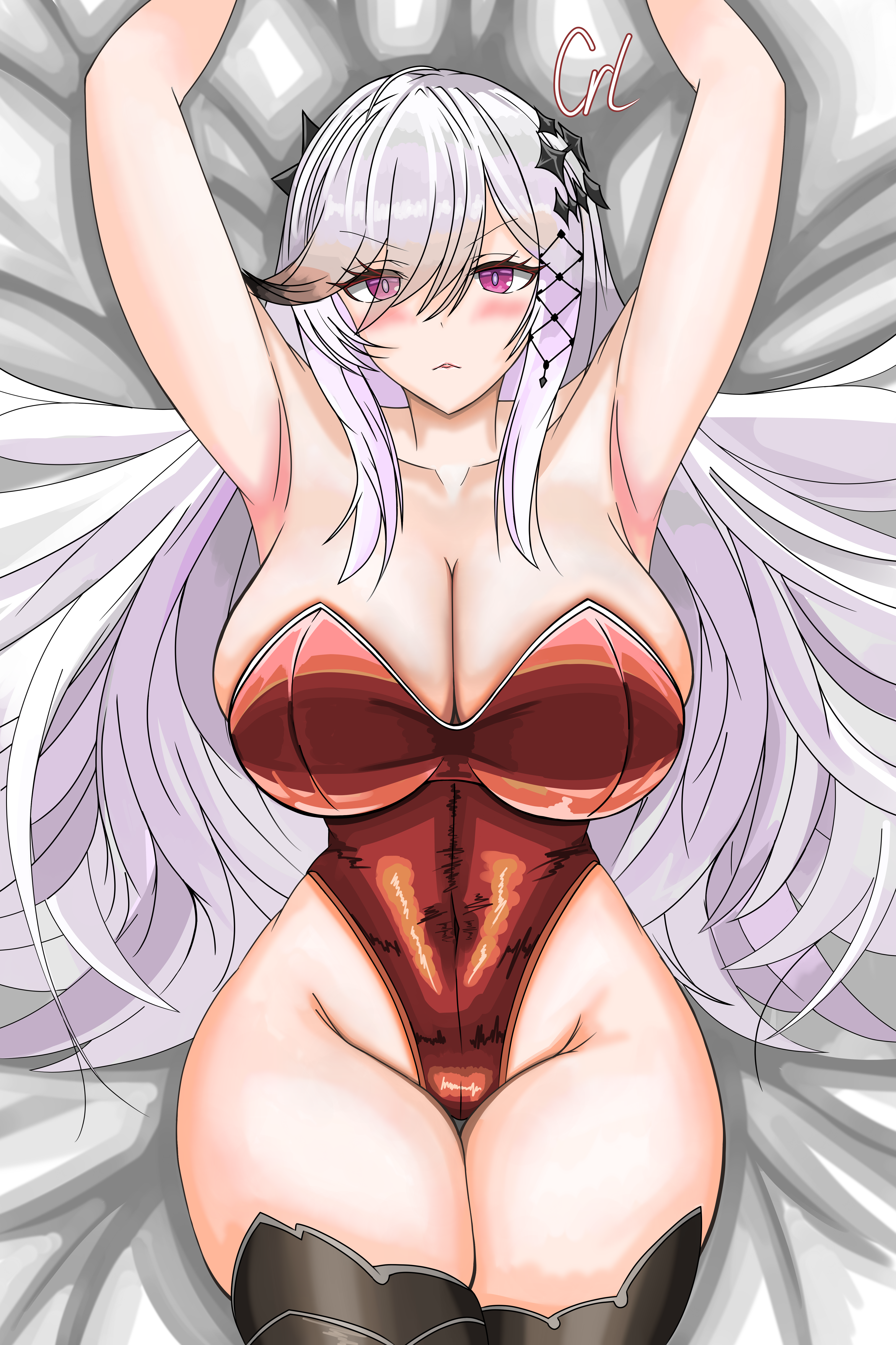 crallylystia, dunkerque (azur lane), dunkerque (meta) (azur lane), azur lane, absurdres, highres, self-upload, 1girl, armpits, arms up, bare shoulders, blush, boots, breasts, cleavage, covered navel, curvy, hair ornament, hair over one eye, huge breasts, large breasts, leotard, long hair, looking at viewer, on bed, purple eyes, red leotard, shiny clothes, solo, strapless, strapless leotard, thick thighs, thigh boots, thighhighs, thighs