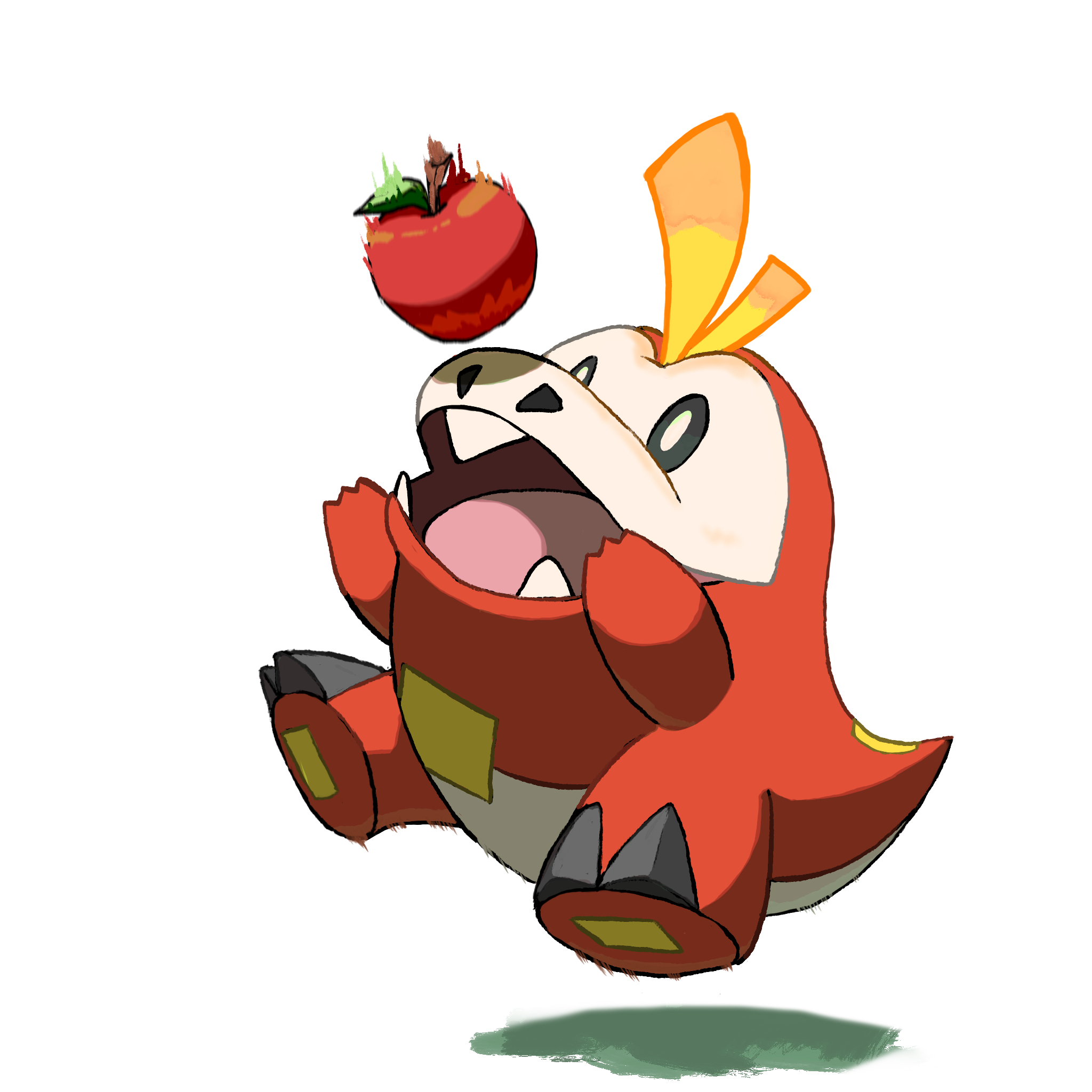 kazubomb fire, fuecoco, nintendo, pokemon, highres, bright pupils, falling, food, full body, looking up, motion blur, no humans, nostrils, open mouth, pokemon (creature), simple background, solo, white pupils