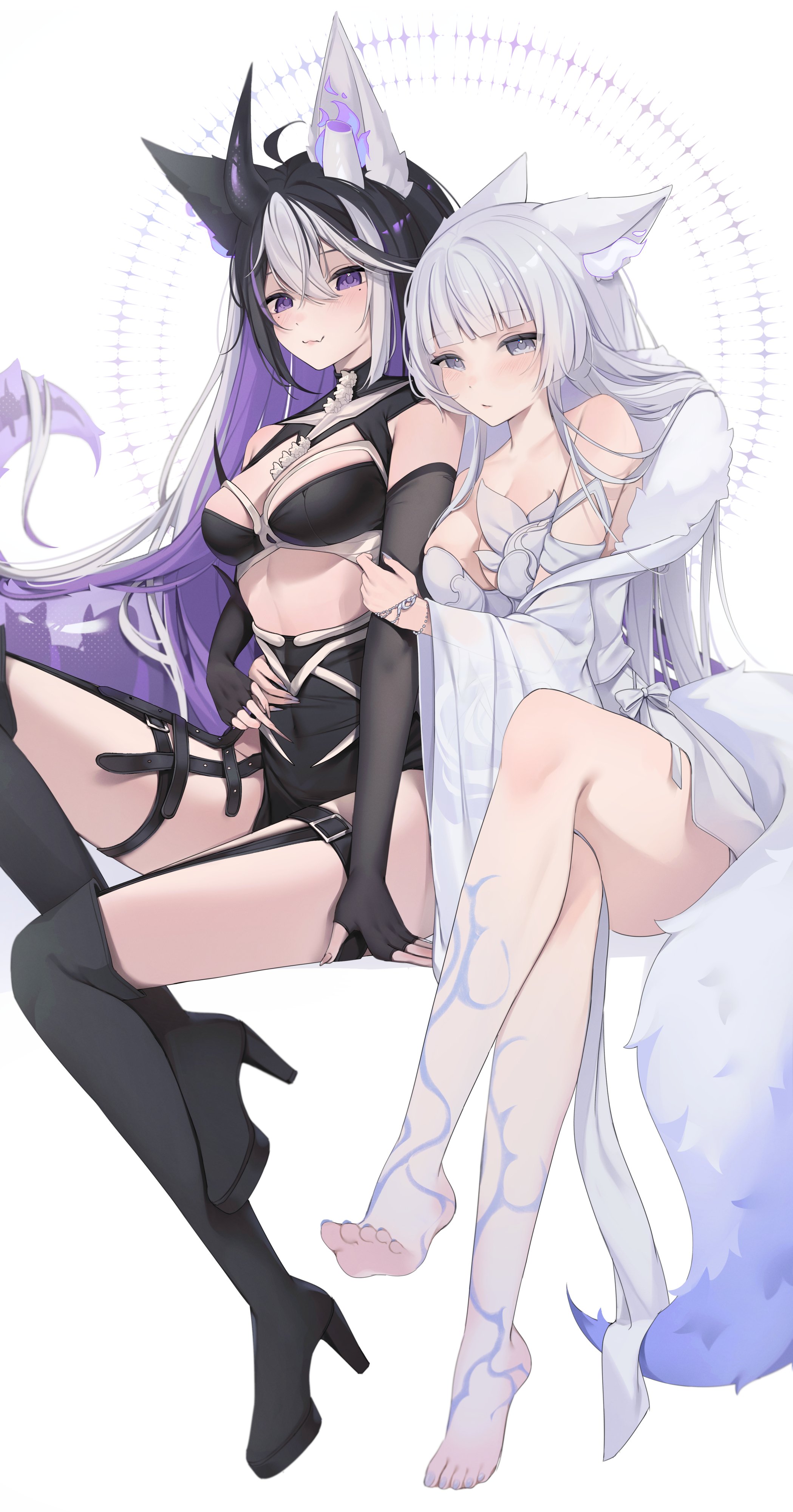 hiroside, zaikiai, indie virtual youtuber, 2girls, animal ears, barefoot, boots, breasts, grey hair, long hair, multicolored hair, multiple girls, purple eyes, small breasts, tail, virtual youtuber, white background