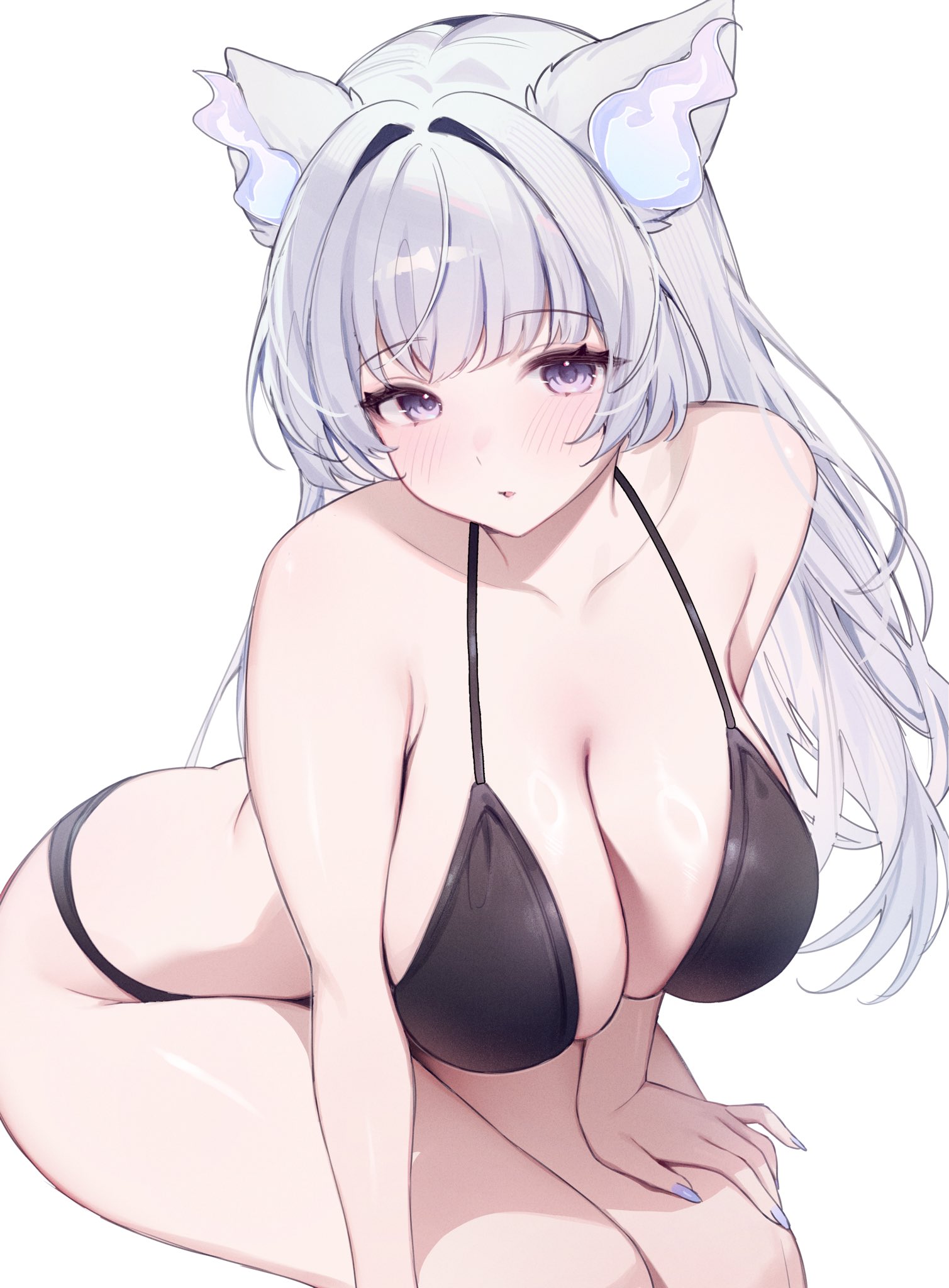 miyuchiq, zaikiai, indie virtual youtuber, 1girl, animal ears, bikini, breasts, cleavage, grey hair, huge breasts, long hair, looking at viewer, purple eyes, simple background, solo, swimsuit, virtual youtuber, white background
