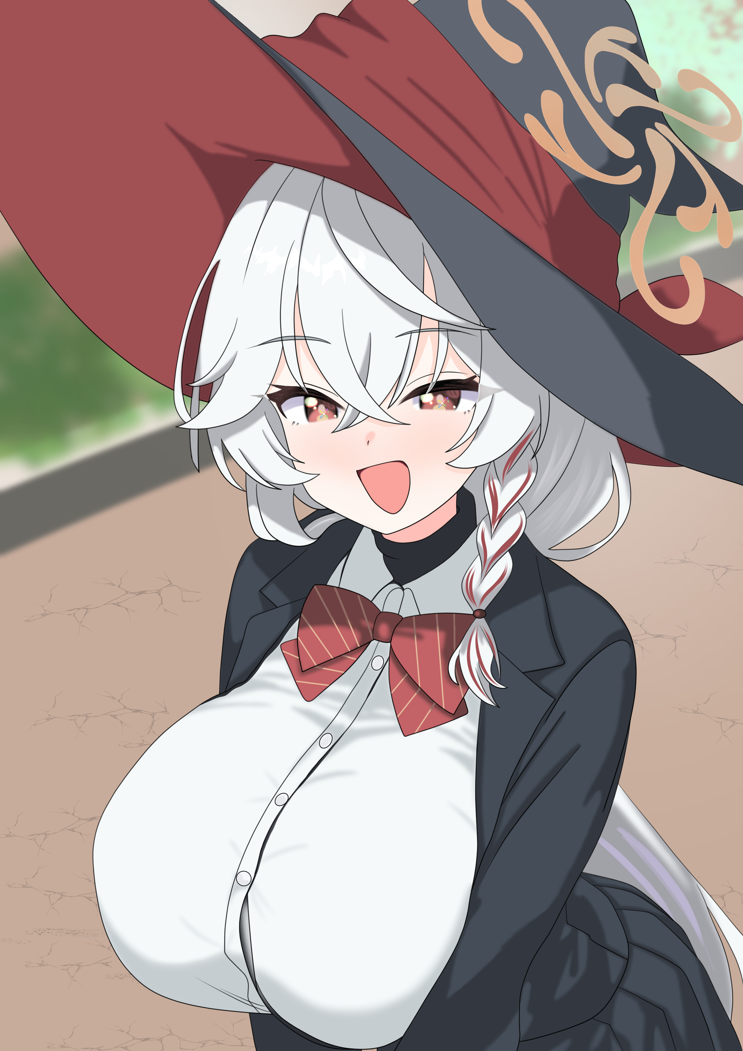 myapanpan, eri (blue archive), blue archive, absurdres, commentary request, highres, 1girl, black hat, black jacket, black skirt, bow, bowtie, braid, breasts, brown halo, buttons, collared shirt, crossed bangs, diagonal-striped bow, diagonal-striped bowtie, diagonal-striped clothes, hair between eyes, halo, hat, hat ribbon, jacket, large breasts, long hair, long sleeves, looking at viewer, multicolored hair, open mouth, orange eyes, outdoors, pleated skirt, red bow, red bowtie, red ribbon, red streaks, ribbon, road, shirt, side halo, single braid, skirt, smile, solo, standing, streaked hair, striped bow, striped bowtie, striped clothes, two-sided fabric, two-sided headwear, upper body, v arms, very long hair, white hair, white shirt, wing collar, witch hat