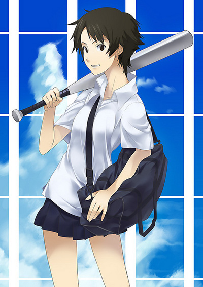 mizuki makoto, konno makoto, toki wo kakeru shoujo, duplicate, 00s, 1girl, bag, baseball bat, between breasts, breasts, brown eyes, brown hair, day, female focus, school uniform, serafuku, short hair, sky, solo, strap between breasts