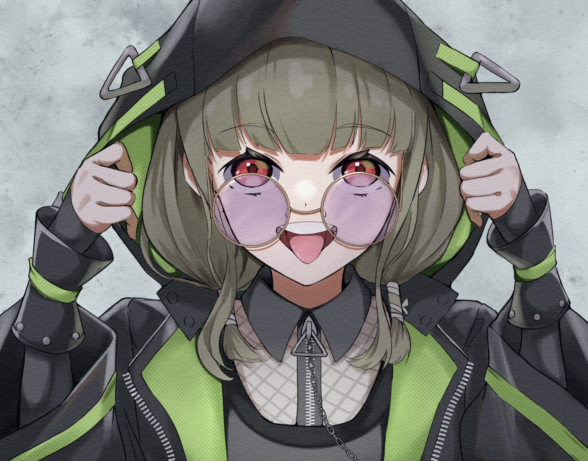 tomoe (tomoe 200), kachimachi kosuzu, link! like! love live!, love live!, commentary, highres, 1girl, black coat, blunt bangs, brown-framed eyewear, brown hair, clothes grab, coat, collared shirt, contrast collar, glasses, grey background, hood, hood grab, hood up, i my mayday, long sidelocks, long sleeves, looking at viewer, low twintails, medium hair, official alternate costume, official alternate hairstyle, open clothes, open coat, open mouth, portrait, purple-tinted eyewear, red eyes, round eyewear, shirt, short twintails, sidelocks, solo, straight-on, tinted eyewear, tongue, tongue out, twintails, virtual youtuber, zipper