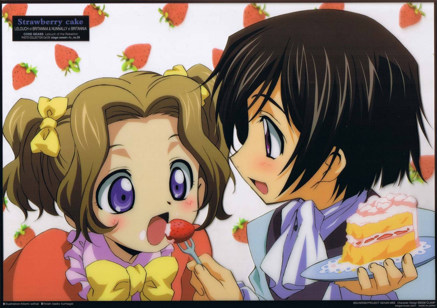 ochiai hitomi, lelouch vi britannia, nunnally vi britannia, code geass, scan, 00s, aged down, black hair, blush, bow, brother and sister, brown hair, cake, food, fruit, hair bow, pastry, purple eyes, siblings, strawberry
