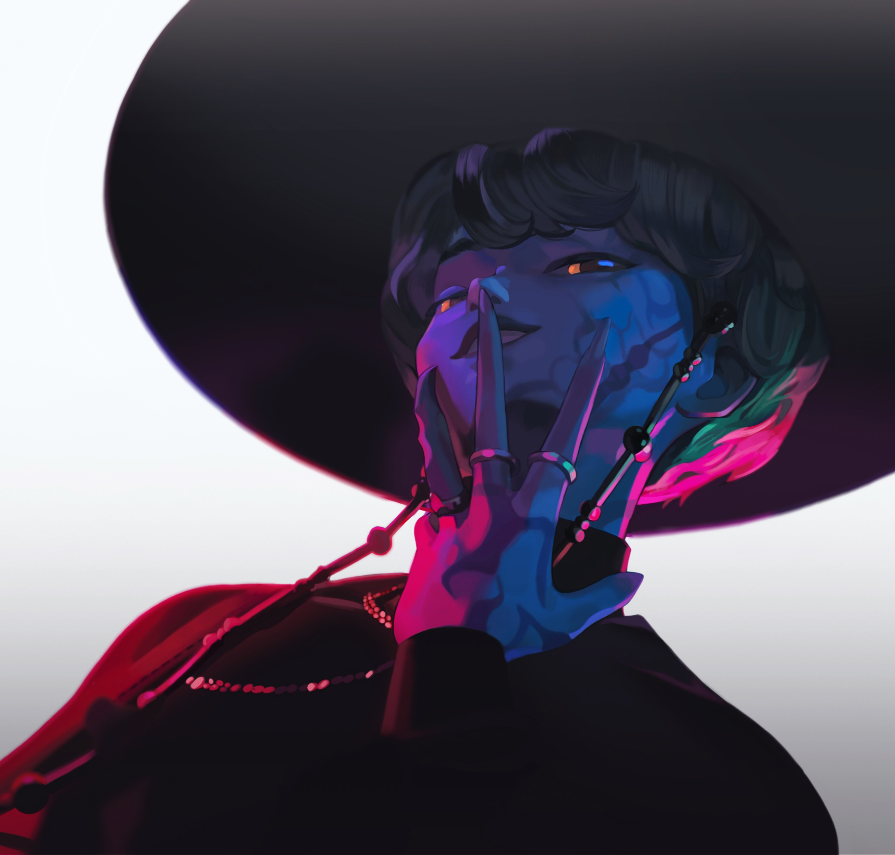 gokuma, baby (kpop demon hunters), kpop demon hunters, commentary, highres, 1boy, black hat, black shirt, colored skin, demon boy, from below, gat (hat), grey skin, grin, hat, jewelry, looking at viewer, male focus, orange eyes, ring, shirt, short hair, simple background, smile, solo, white background