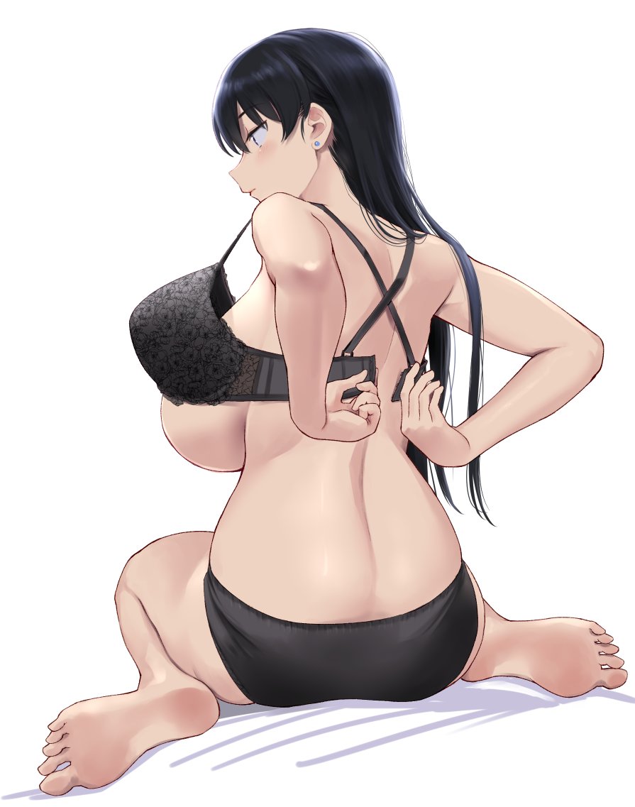 wa (genryusui), arato nagi, ruri no houseki, commentary request, 1girl, ass, barefoot, black bra, black hair, black panties, bra, breasts, earrings, from behind, full body, jewelry, large breasts, long hair, open bra, panties, removing bra, sideboob, simple background, sitting, soles, solo, stud earrings, underwear, underwear only, unfastened, wariza