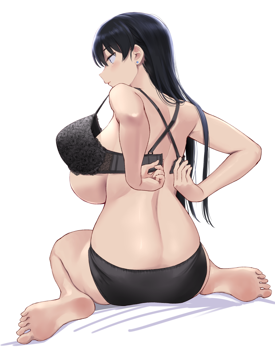 wa (genryusui), arato nagi, ruri no houseki, commentary request, 1girl, ass, barefoot, black bra, black hair, black panties, bra, breasts, earrings, from behind, full body, jewelry, large breasts, long hair, open bra, panties, removing bra, sideboob, simple background, sitting, soles, solo, stud earrings, underwear, underwear only, unfastened, wariza