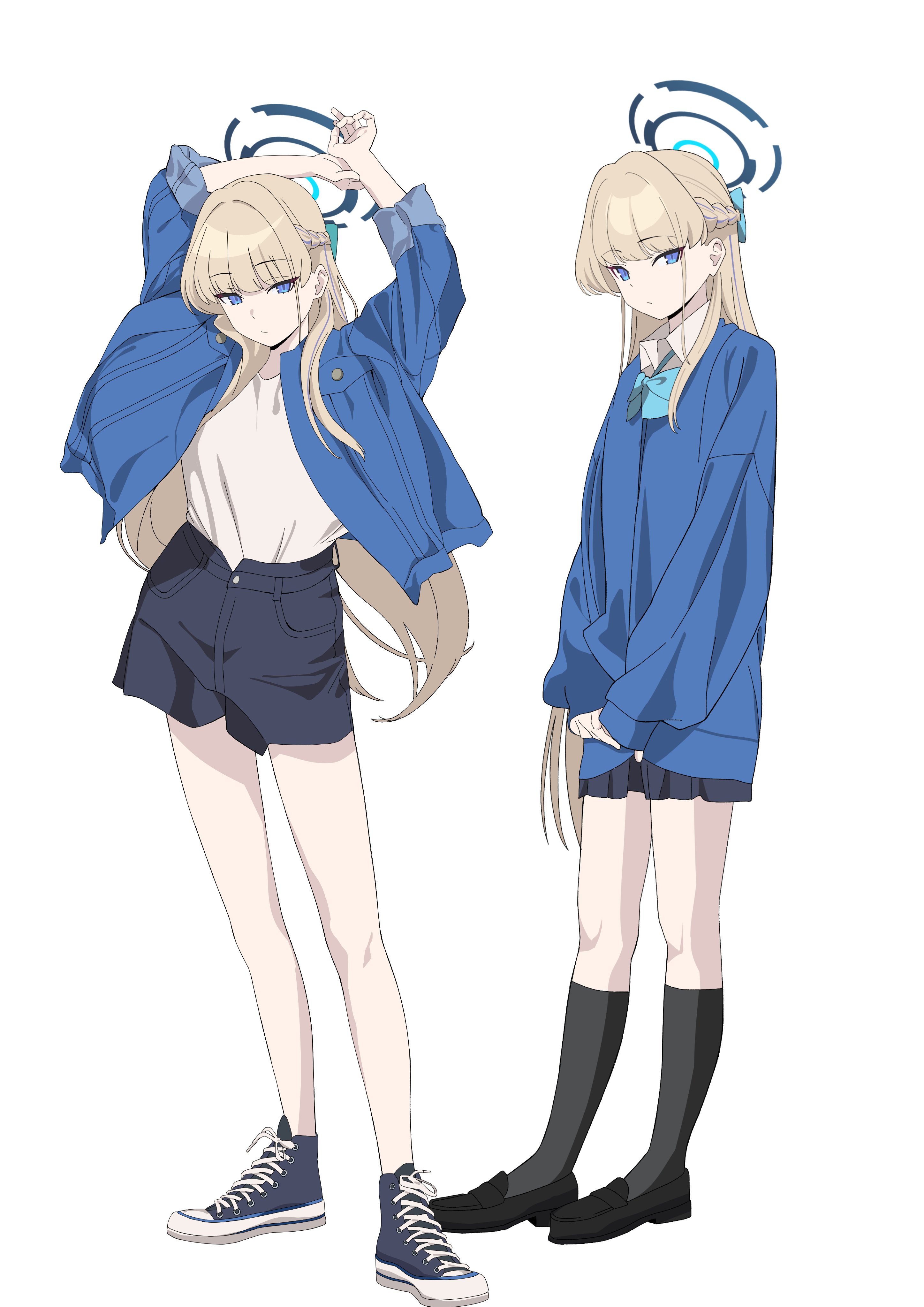 tnr (horiko1525), toki (blue archive), blue archive, absurdres, highres, 1girl, arms up, black shoes, blonde hair, blue eyes, blue halo, bow, bowtie, braid, half up braid, halo, kneehighs, loafers, long hair, looking at viewer, multiple views, pleated, shirt, shoes, simple background, skirt, sneakers, socks, solo, stretching, sweater, white background, white shirt