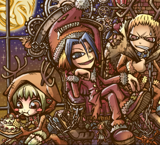 emu (artist), emu (toran), godai shinobu, katsuragi yako, nougami neuro, majin tantei nougami neuro, 00s, 1girl, 2boys, angry, animal costume, blonde hair, blue hair, blush stickers, cake, chain, collar, colored bangs, crossed legs, eating, food, fur trim, gears, head rest, indoors, kneeling, multiple boys, night, reindeer costume, sack, santa costume, sharp teeth, sitting, sweatdrop, sweets, teeth, throne, window