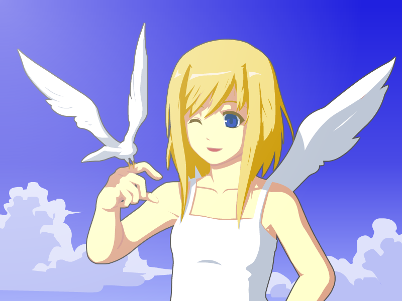 kagi, 1girl, angel, bird, bird on hand, blonde hair, blue eyes, wings