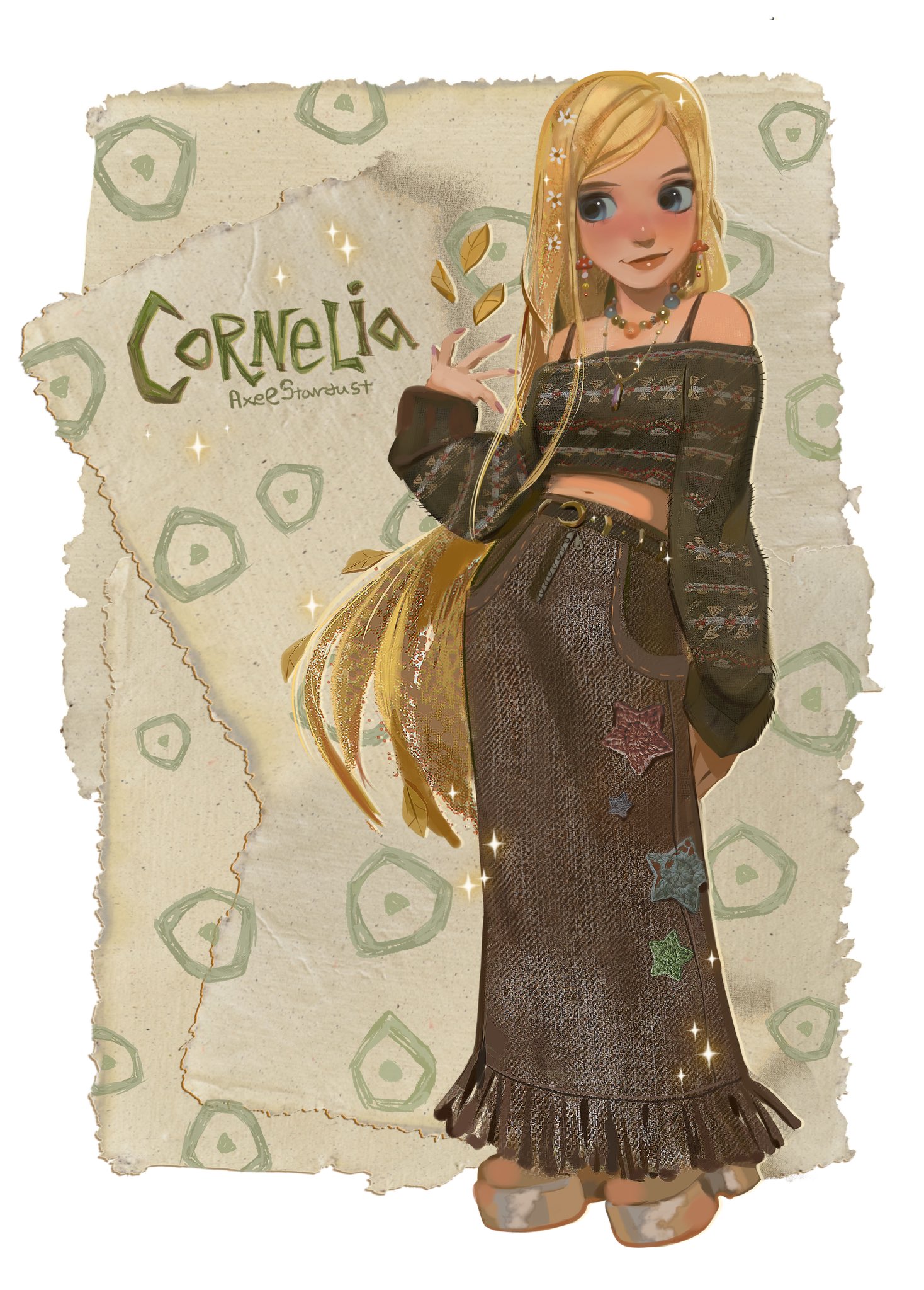 stardust axel, cornelia hale, w.i.t.c.h., commentary, english commentary, highres, 1girl, bare shoulders, bead necklace, beads, bell-bottoms, belt, belt buckle, black belt, black bra, black pants, black sweater, blonde hair, boots, border, bra, buckle, character name, closed mouth, cropped sweater, denim, earrings, fingernails, flower, full body, gold buttons, grey boots, grey eyes, hair flower, hair ornament, hand on own leg, hand up, happy, high-waist pants, jeans, jewelry, leaf, long hair, long sleeves, looking at object, mushroom earrings, necklace, object floating above hand, off-shoulder sweater, off shoulder, outside border, pants, paper background, pendant, platform boots, pocket, puffy long sleeves, puffy sleeves, signature, sleeves past wrists, smile, solo, sparkle, standing, star (symbol), star print, straight hair, sweater, thick lips, underwear, very long hair, white background, white border, white flower