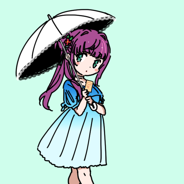 shinanoya (satanicad), otomune kozue, link! like! love live!, love live!, commentary request, 1girl, alternate costume, blue dress, blush stickers, card, dress, flower, gradient clothes, gradient dress, green background, hair bun, hair flower, hair intakes, hair ornament, holding, holding card, holding umbrella, lace-trimmed umbrella, long hair, medium dress, parasol, puffy short sleeves, puffy sleeves, purple hair, red flower, short sleeves, side ponytail, sidelocks, simple background, single side bun, solo, umbrella, virtual youtuber