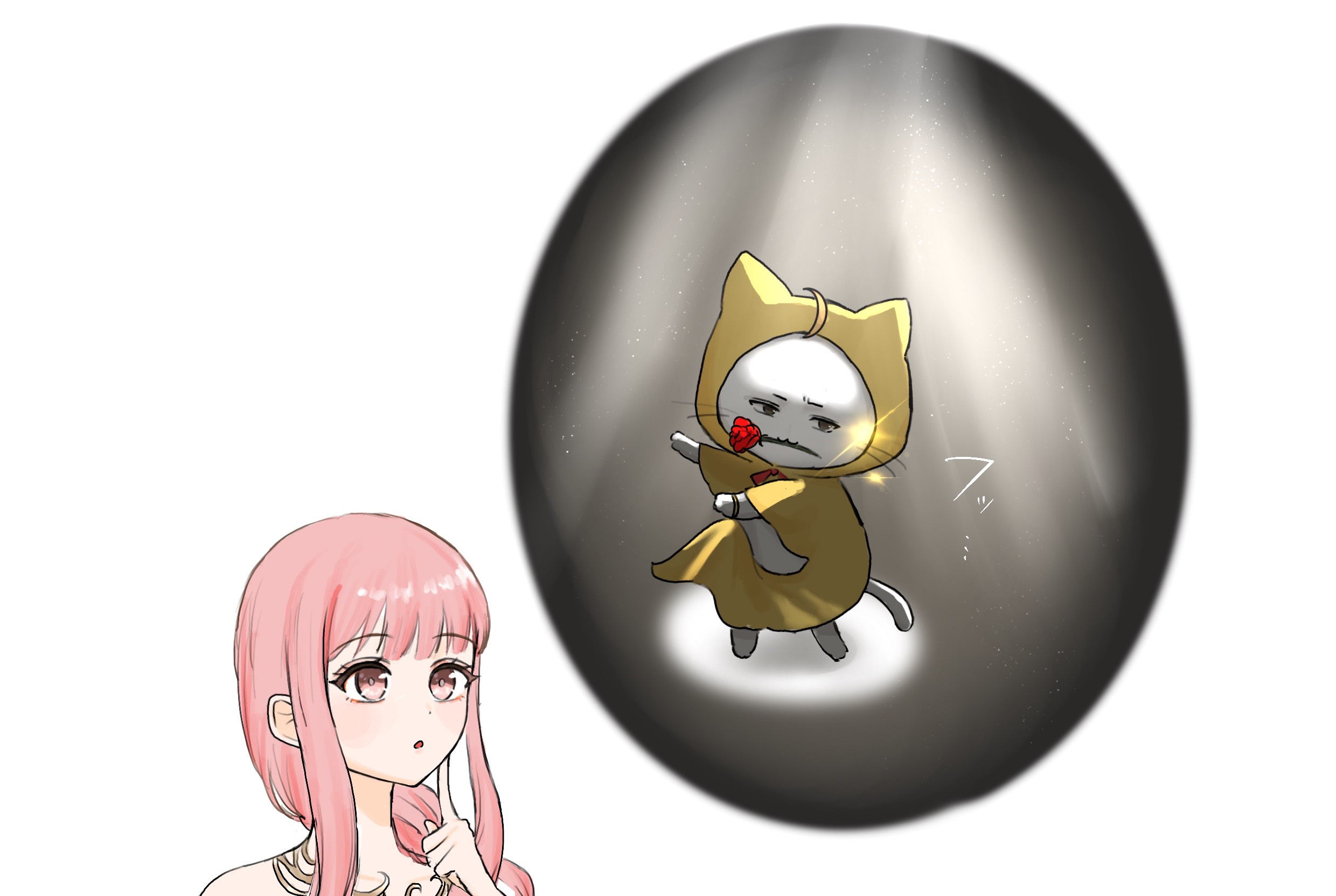 kohanai setsuna, momo (nikki), nikki (nikki), nikki (series), shining nikki, commentary request, highres, 1girl, :o, ahoge, animal, bare shoulders, blunt bangs, bow, bowtie, brown eyes, cape hold, cat, cloak, clothed animal, collarbone, dot nose, ear covers, eyelashes, finger to cheek, flower, flower in mouth, hood, hood up, hooded cloak, imagining, light blush, light particles, long hair, looking ahead, parted lips, pink hair, red bow, red bowtie, red flower, red rose, rose, sidelocks, simple background, speech bubble, spotlight, thorns, thought bubble, upper body, whiskers, white background, white cat, yellow cloak