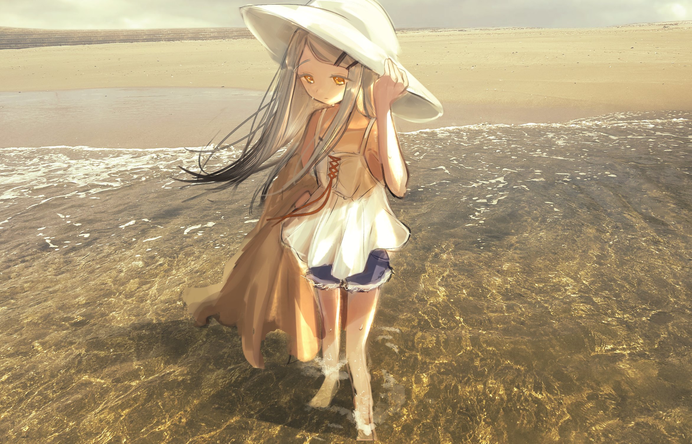 jio (baku zugogo), shinosawa hiro, gakuen idolmaster, idolmaster, hashtag-only commentary, highres, 1girl, bare legs, beach, brown coat, camisole, coat, collarbone, colored eyelashes, day, denim, denim shorts, flipped hair, full body, gradient hair, grey hair, grey sky, hair ornament, hairclip, hand on headwear, hat, holding, holding coat, holding unworn clothes, long hair, looking down, multicolored hair, orange eyes, orange ribbon, outdoors, parallel hairclips, ribbon, shorts, sky, solo, standing, sun hat, unworn coat, very long hair, wading, water, wet, white camisole, white hat