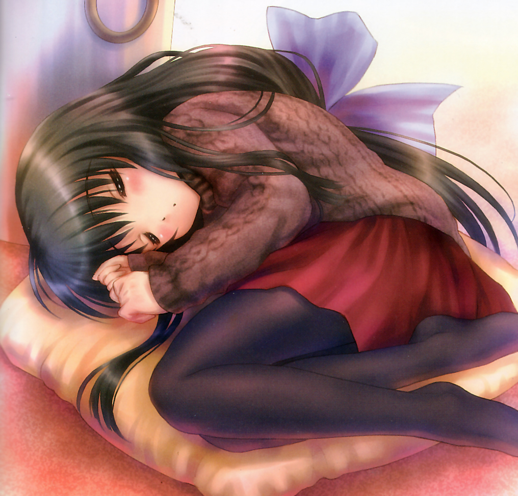 ibuki fuuko, clannad, scan, 00s, pantyhose, pillow, skirt, sleeping, solo, sweater, thighhighs