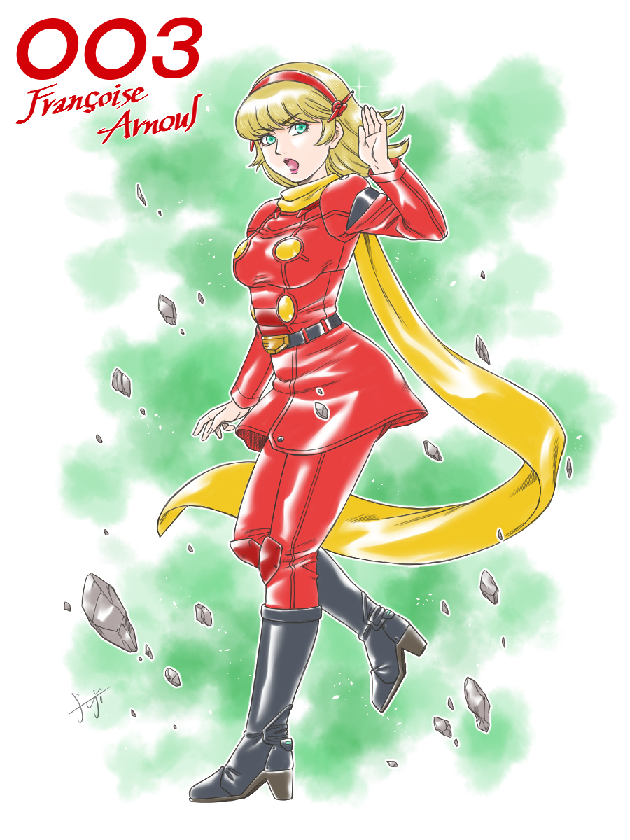 fuji shuuji, francoise arnoul, 009 re:cyborg, cyborg 009, highres, 1girl, blonde hair, blue eyes, bodysuit, breasts, full body, hairband, long hair, looking at viewer, open mouth, red bodysuit, red hairband, scarf, solo, yellow scarf