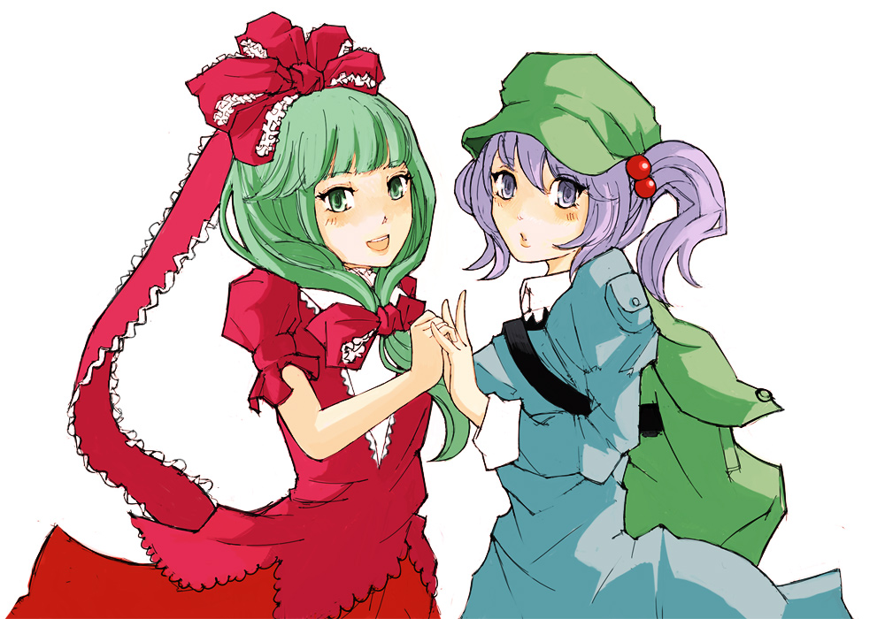 kagiyama hina, kawashiro nitori, touhou, 2girls, backpack, bag, dress, female focus, front ponytail, hair bobbles, hair ornament, hair ribbon, hat, multiple girls, randoseru, ribbon, two side up