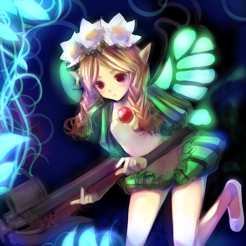 takashima, mercedes, odin sphere, blonde hair, bow (weapon), braid, crossbow, fairy, flower, pointy ears, red eyes, twin braids, weapon, wings