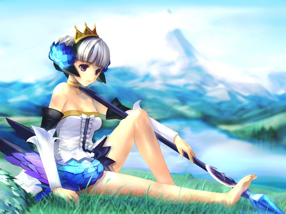 takashima, gwendolyn (odin sphere), odin sphere, 1girl, barefoot, crown, dress, feet, female focus, hat, mountain, multicolored wings, polearm, sitting, solo, spear, strapless, strapless dress, weapon, wings