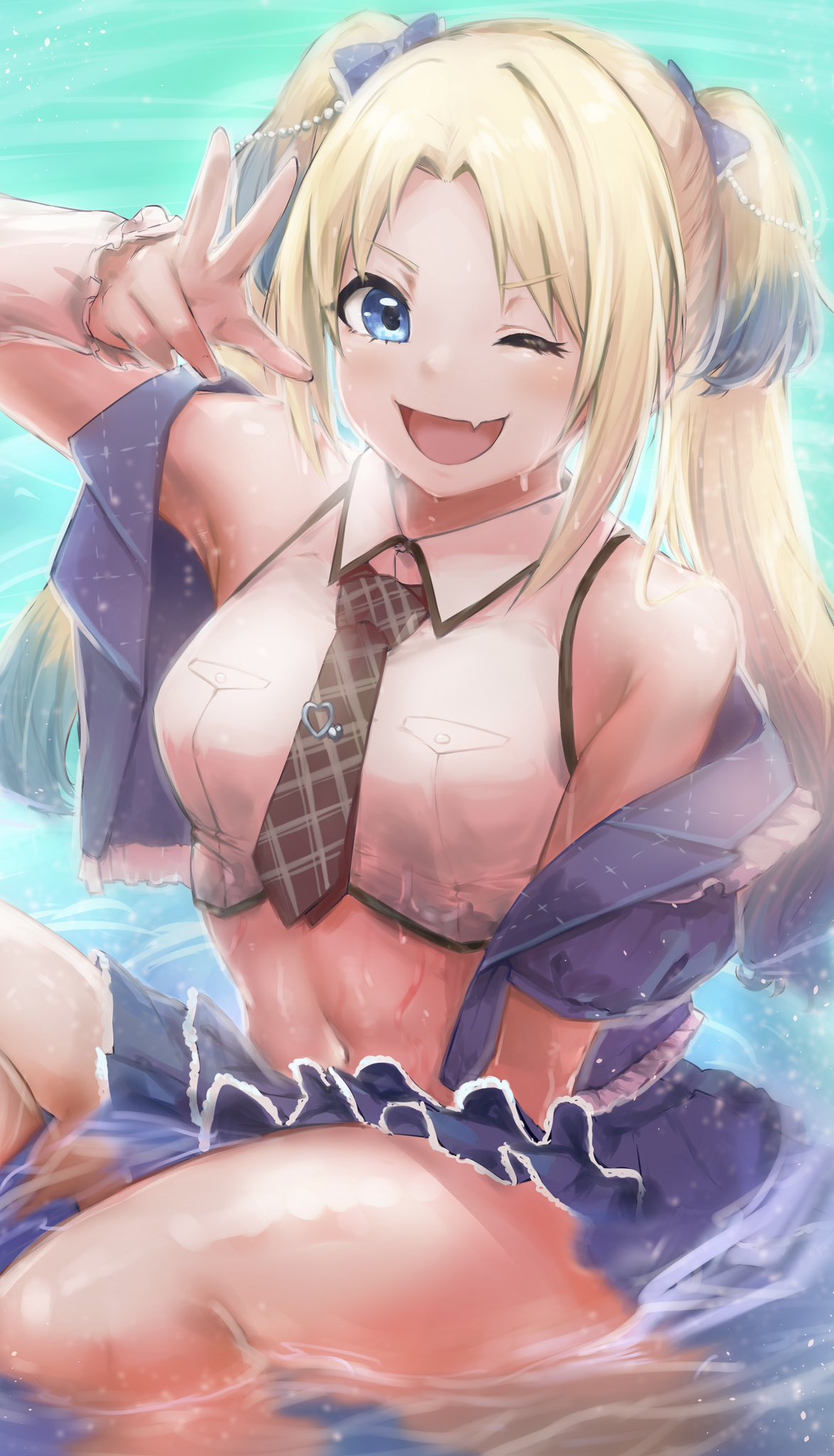 hundred brazil, osawa rurino, link! like! love live!, love live!, love live! series official card game, commentary request, highres, 1girl, arm up, armpit crease, bare shoulders, black necktie, blonde hair, blue bow, blue eyes, blue hair, blue jacket, blue skirt, bow, breast pocket, breasts, collared shirt, crop top, cropped shirt, fang, feet out of frame, frilled skirt, frills, gradient hair, hair bow, jacket, looking at viewer, medium breasts, miniskirt, multicolored hair, navel, necktie, off shoulder, official alternate costume, open clothes, open jacket, parted bangs, plaid clothes, plaid necktie, pocket, puffy short sleeves, puffy sleeves, shallow water, shirt, short-sleeved jacket, short sleeves, sitting, skin fang, skirt, sleeveless, sleeveless shirt, solo, stomach, twintails, virtual youtuber, w, water