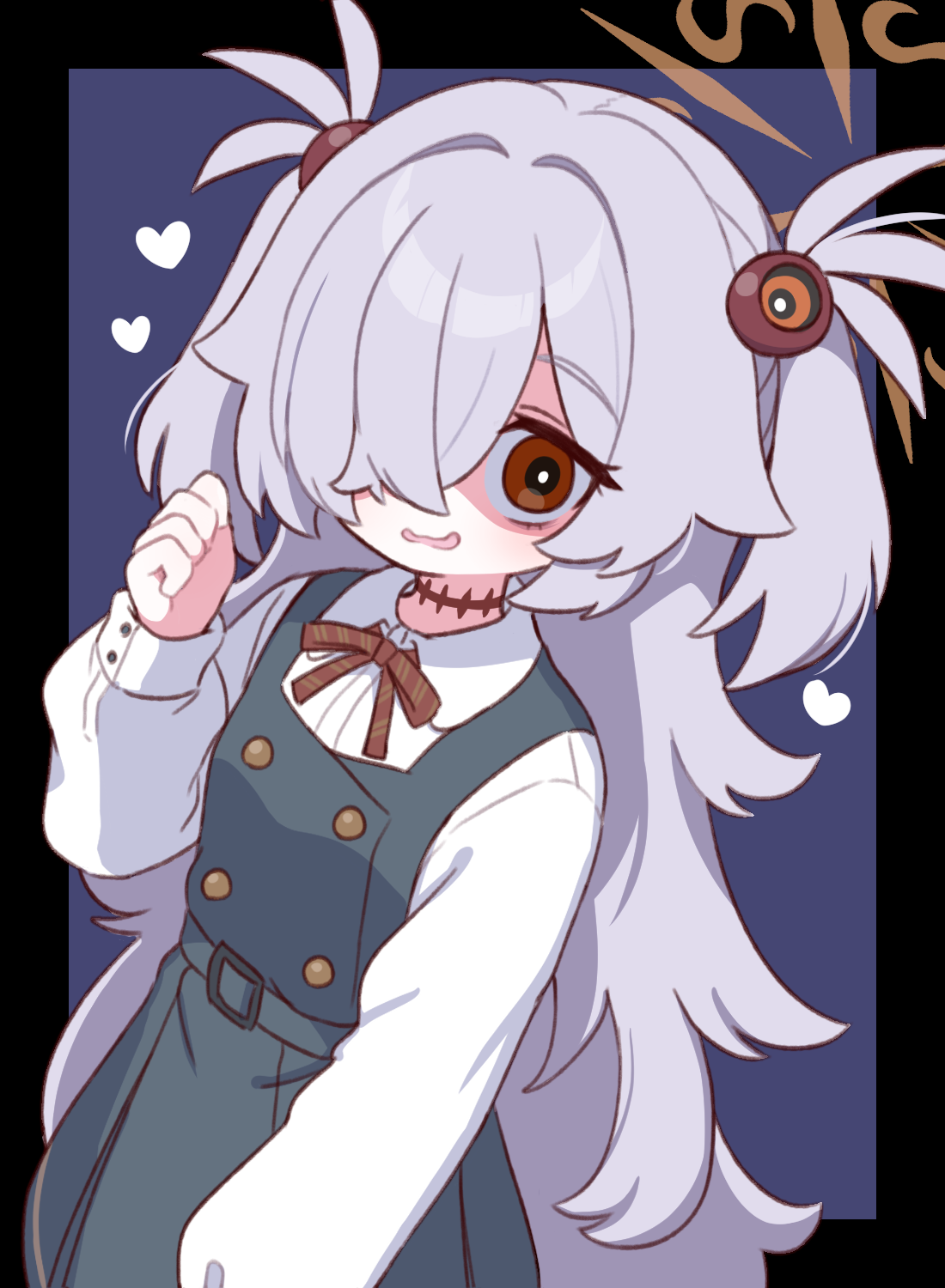 naga u, kanoe (blue archive), blue archive, commentary, highres, 1girl, bags under eyes, black border, black dress, blue background, border, breasts, brown eyes, brown halo, brown ribbon, collared shirt, dress, grey hair, hair over one eye, halo, heart, long hair, long sleeves, looking at viewer, neck ribbon, open mouth, outside border, pinafore dress, puffy long sleeves, puffy sleeves, ribbon, shaded face, shirt, simple background, sleeveless, sleeveless dress, small breasts, solo, two side up, very long hair, wavy hair, white shirt