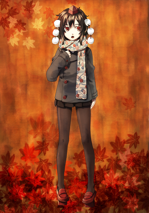 itsutsu, shameimaru aya, touhou, looking away, 1girl, alternate costume, autumn leaves, brown pantyhose, coat, contemporary, female focus, full body, geta, hat, leaf, leaf print, maple leaf, miniskirt, open mouth, pantyhose, pom pom (clothes), scarf, skirt, solo, standing, tengu-geta, tokin hat