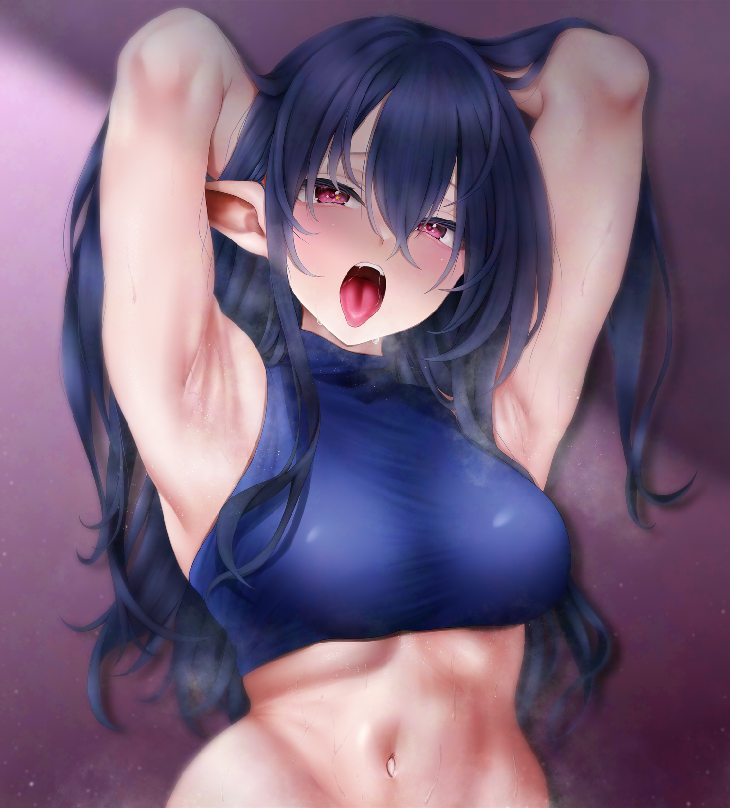 mizuki mukawa, iizunamaru megumu, touhou, commentary request, highres, 1girl, armpit focus, armpits, arms behind head, arms up, blue hair, blue sports bra, blush, breasts, hot, long hair, looking at viewer, navel, open mouth, pink eyes, pointy ears, presenting armpit, saliva, sleeveless, solo, sports bra, steaming body, stomach, sweat, sweatdrop, sweaty clothes, teeth, tengu, tongue, tongue out, upper body, upper teeth only