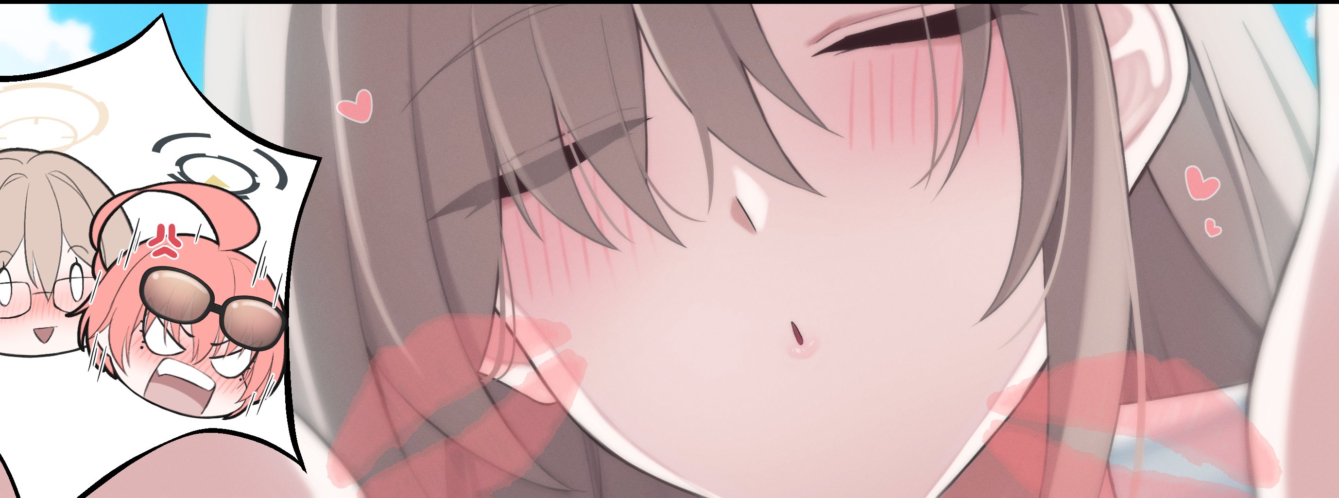 junu (jwoo5627), akane (blue archive), asuna (blue archive), neru (blue archive), blue archive, highres, after kiss, angry, blonde hair, blush, cleaning & clearing (blue archive), close-up, closed eyes, eyewear on head, glasses, halo, heart, hug, imminent kiss, kiss, surprised