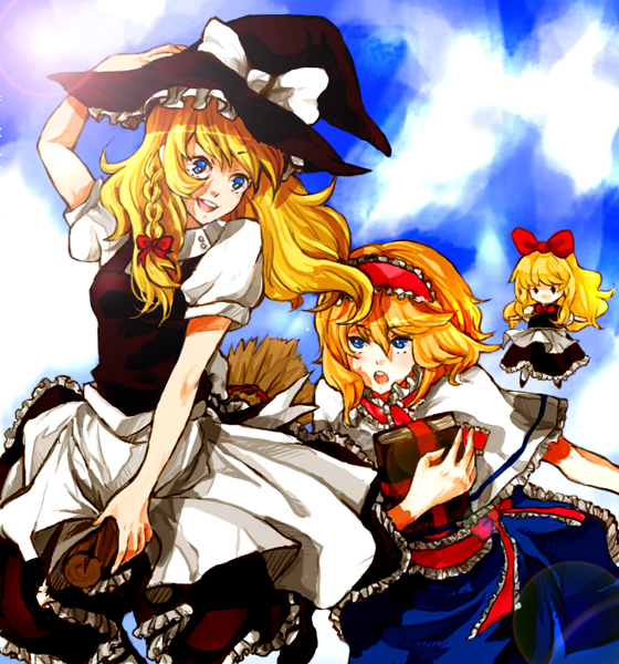 dada, dada (dolce), alice margatroid, kirisame marisa, shanghai doll, touhou, 2girls, blonde hair, book, broom, broom riding, cloud, day, female focus, hat, lens flare, multiple girls, sky, witch, witch hat