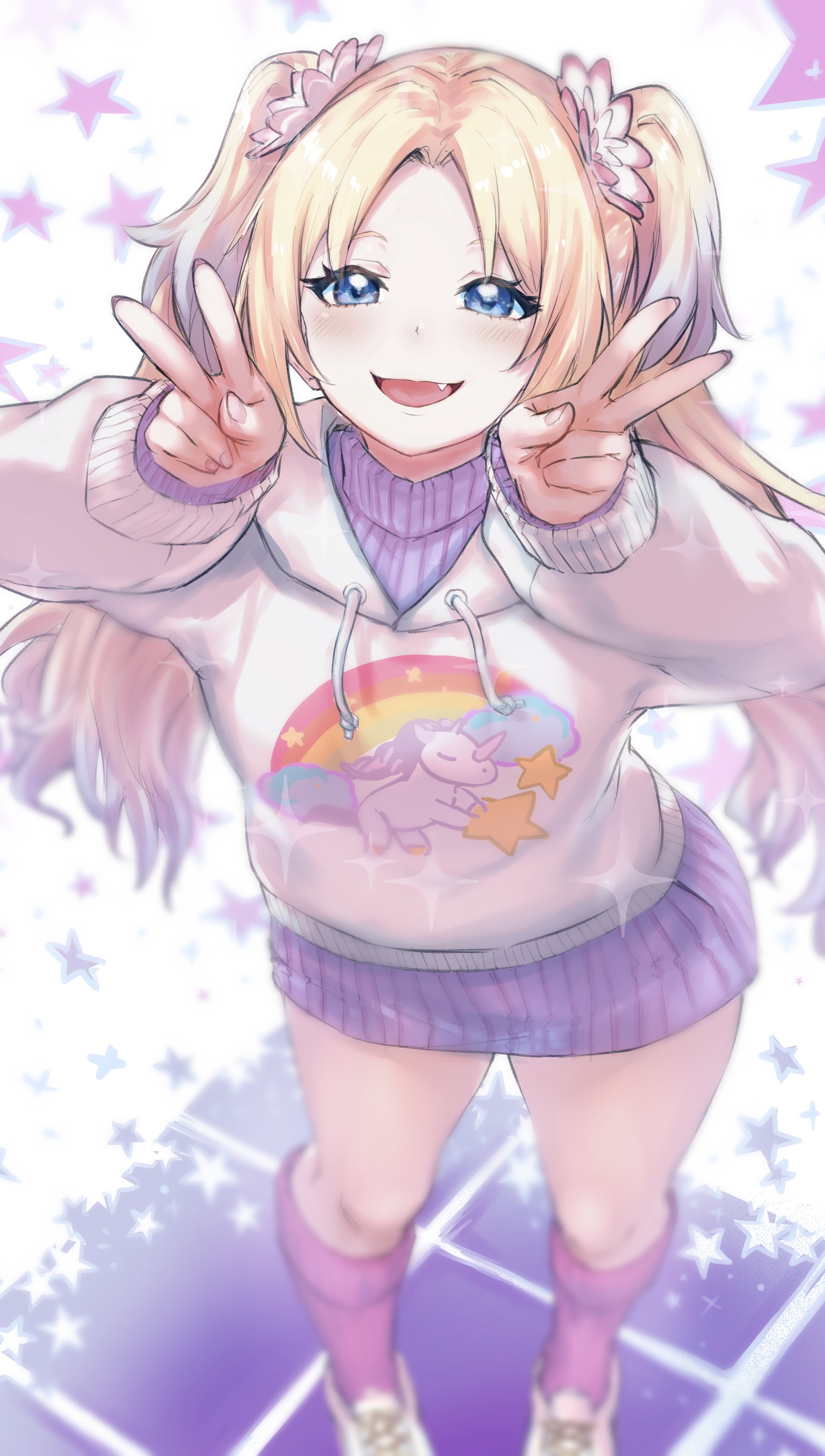 hundred brazil, osawa rurino, osawa rurino (winter casual), link! like! love live!, love live!, absurdres, commentary request, highres, 1girl, :d, blonde hair, blue eyes, blue hair, blush, casual, double v, dress, fang, feet out of frame, flat chest, flower, gradient hair, hair flower, hair ornament, hood, hoodie, kneehighs, long hair, looking at viewer, multicolored hair, official alternate costume, open mouth, parted bangs, pink flower, pink socks, purple dress, purple sweater, ribbed dress, ribbed sweater, short dress, smile, socks, solo, star (symbol), star symbol background, sweater, sweater dress, twintails, v, virtual youtuber, white background, white hoodie