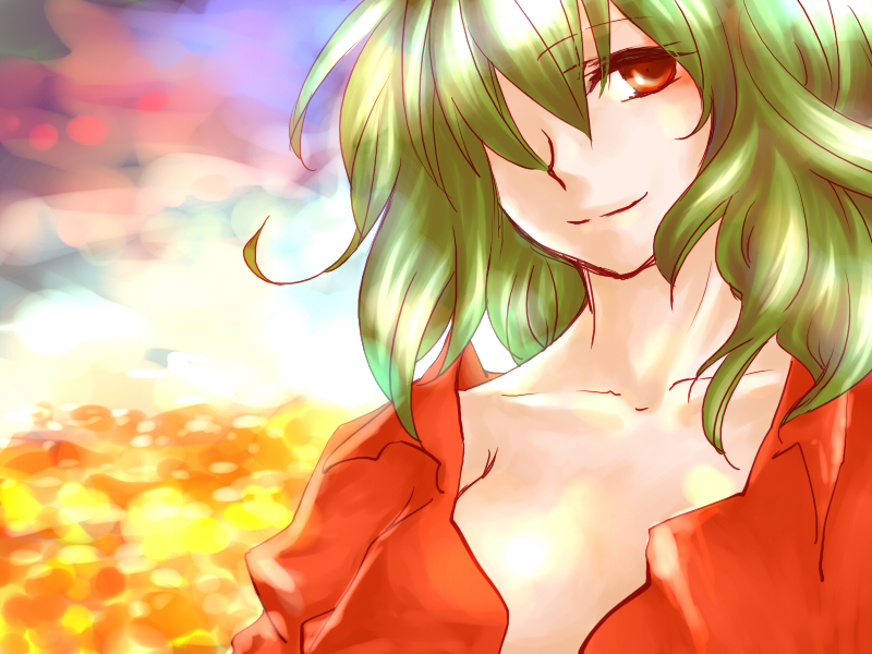 kazami yuuka, touhou, 1girl, blouse, collarbone, female focus, green hair, hair between eyes, hair over one eye, open clothes, open shirt, red eyes, red shirt, shirt, smile, solo, upper body