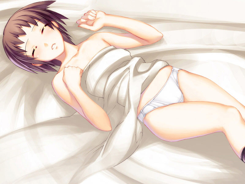 nishii (damnedrive), kumon megumi, jingai makyou, game cg, 1girl, bed, blush, brown hair, closed eyes, female focus, lying, on back, panties, short hair, sleeping, solo, underwear, white panties