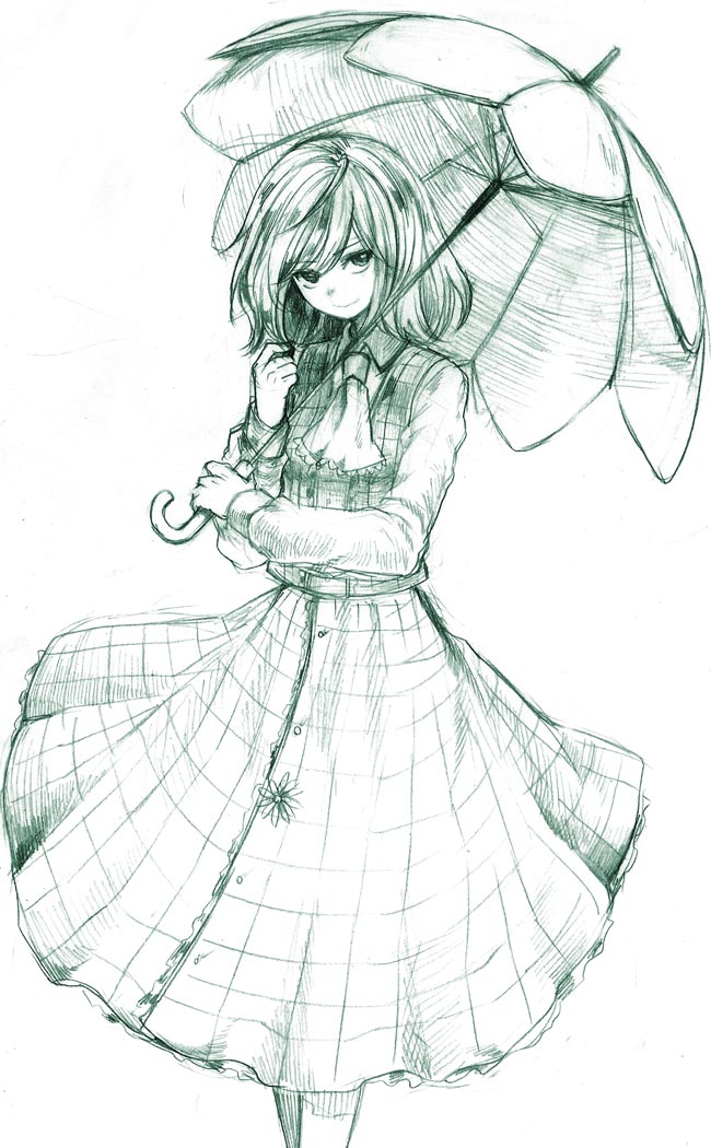 usa (artist), usaki (ama), kazami yuuka, touhou, graphite (medium), traditional media, 1girl, ascot, female focus, green theme, long skirt, monochrome, parasol, plaid clothes, plaid skirt, plaid vest, short hair, sketch, skirt, skirt set, solo, twirling hair, umbrella, vest