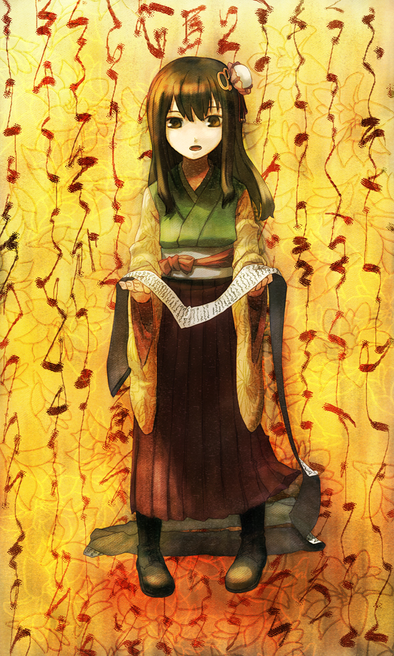 itsutsu, hieda no akyuu, perfect memento in strict sense, touhou, bad id, bad pixiv id, 1girl, female focus, hakama, hakama skirt, heida no akyuu, japanese clothes, kimono, meiji schoolgirl uniform, scroll, skirt, solo