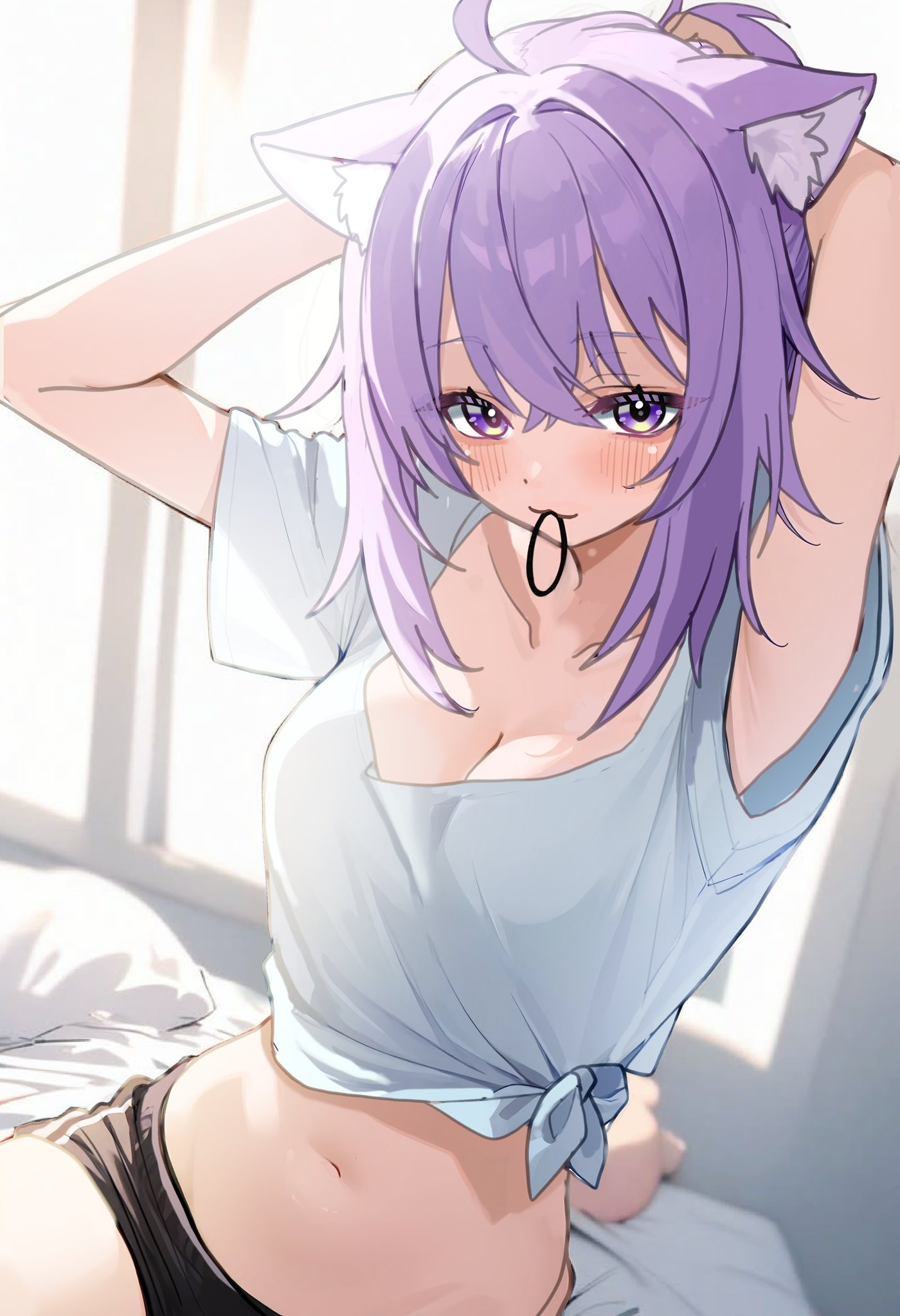 natsuna7, nekomata okayu, hololive, commentary request, highres, 1girl, armpits, arms up, black shorts, blush, breasts, cleavage, closed mouth, collarbone, cowboy shot, day, hair tie, hair tie in mouth, indoors, large breasts, looking at viewer, medium hair, midriff, mouth hold, multicolored eyes, navel, on bed, purple eyes, purple hair, shirt, short shorts, short sleeves, shorts, sitting, solo, tied shirt, tying hair, virtual youtuber, white shirt