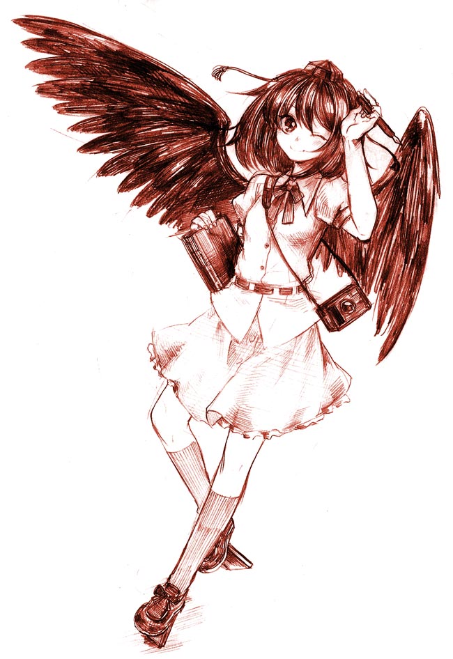 usa (artist), usaki (ama), shameimaru aya, touhou, traditional media, 1girl, black wings, book, camera, female focus, geta, hat, kneehighs, monochrome, one eye closed, pen, short hair, simple background, sketch, skirt, smile, socks, solo, tengu-geta, tokin hat, wings, wink