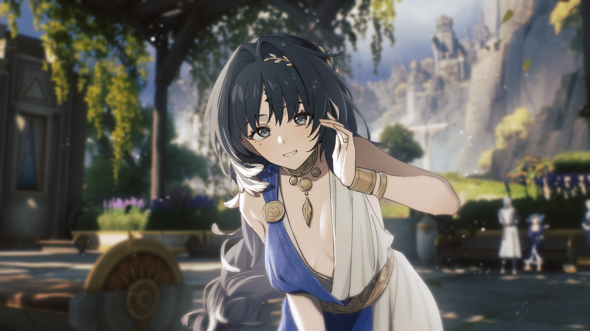 kohane kun, yangyang (wuthering waves), wuthering waves, commentary request, highres, textless version, 1girl, alternate costume, bare shoulders, black eyes, black hair, bracelet, breasts, feather hair, game screenshot background, hand up, head wreath, jewelry, leaning forward, long hair, looking at viewer, low-braided long hair, low-tied long hair, medium breasts, mole, mole under eye, parted lips, screenshot background, smile, solo, tacet mark (wuthering waves)