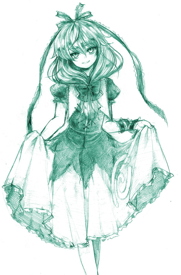usa (artist), usaki (ama), kagiyama hina, touhou, graphite (medium), traditional media, 1girl, arm ribbon, bow, clothes lift, dress, dress lift, female focus, front ponytail, green theme, hair bow, hair ribbon, head tilt, monochrome, ribbon, skirt hold, smirk, solo