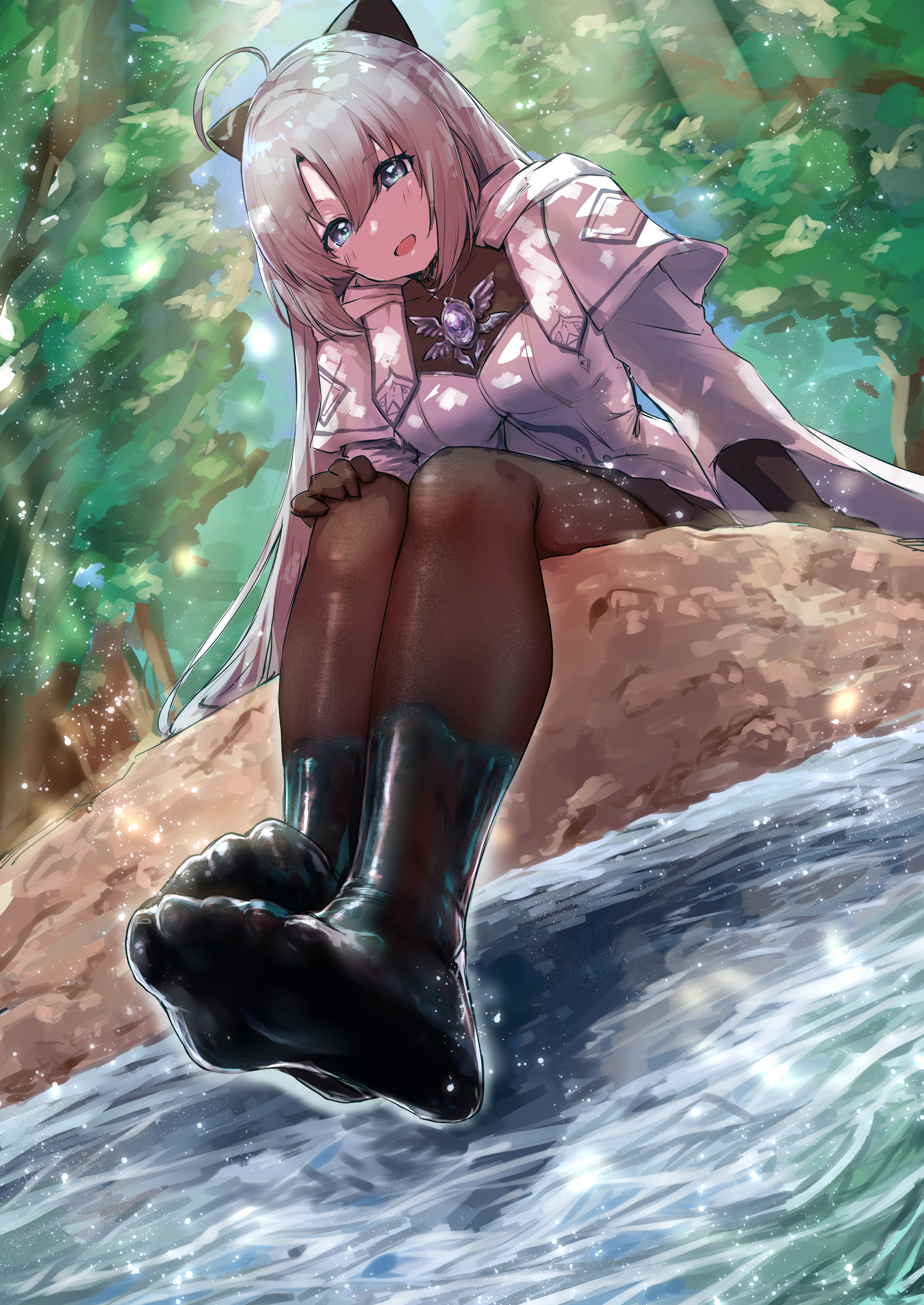 hundred brazil, kanon (duel masters), duel masters, duel masters play's, absurdres, commentary request, highres, 1girl, :d, ahoge, blue eyes, breasts, brown pantyhose, feet, grey hair, hair between eyes, looking at viewer, medium breasts, no shoes, open mouth, outdoors, pantyhose, shirt, smile, soaking feet, soles, solo, water, white shirt