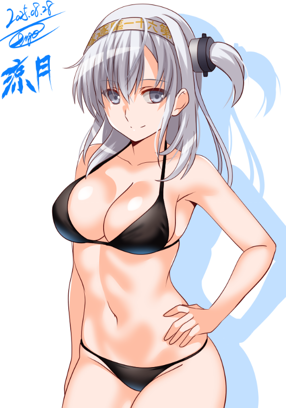 engo (aquawatery), suzutsuki (kancolle), kantai collection, commentary request, 1girl, alternate costume, artist name, bikini, black bikini, breasts, character name, cleavage, dated, grey eyes, grey hair, hand on own hip, headband, long hair, medium breasts, one-hour drawing challenge, one side up, signature, simple background, solo, swimsuit, white background, white headband