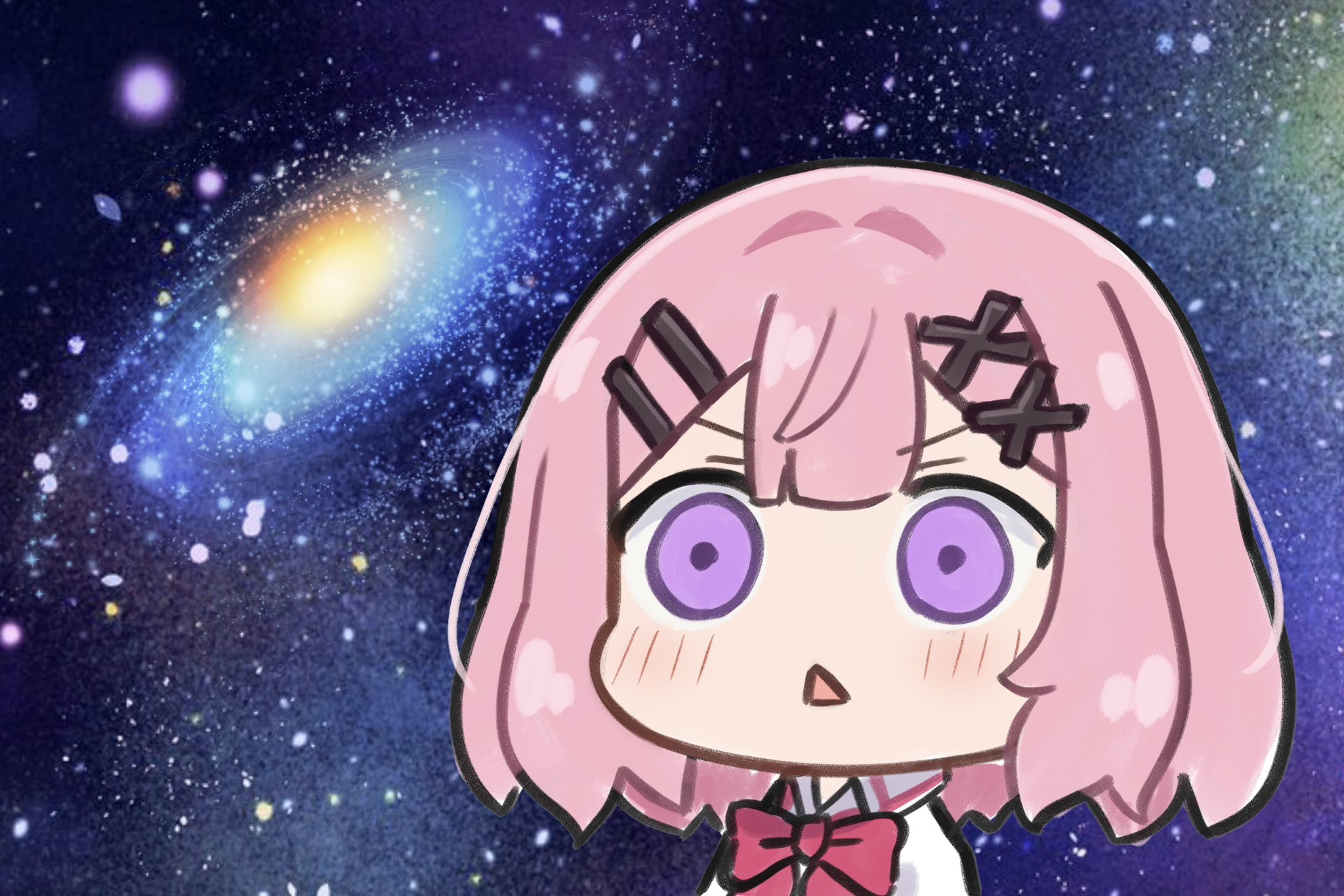 jellyman, amaori renako, watashi ga koibito ni nareru wake naijan murimuri!, highres, 1girl, ashigaya high school uniform, blush, bow, bowtie, chibi, galaxy, hair ornament, hairclip, open mouth, parallel hairclips, pink hair, purple eyes, red bow, red bowtie, school uniform, shirt, short hair, solo, space, star (sky), triangle mouth, white shirt, x hair ornament