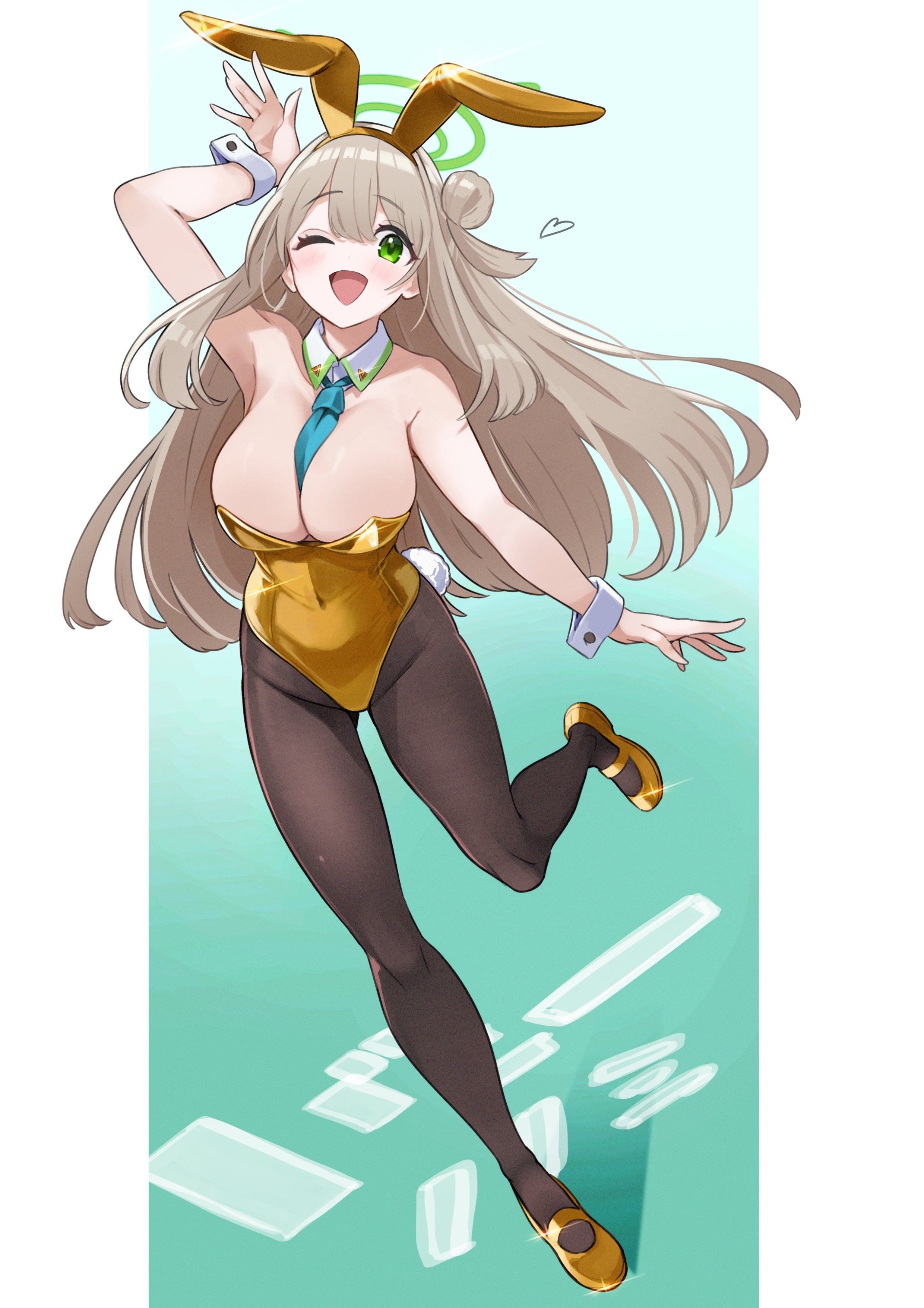 yokoji (kodai2015), nonomi (blue archive), blue archive, absurdres, highres, 1girl, animal ear hairband, animal ears, aqua necktie, between breasts, black pantyhose, breasts, cleavage, detached collar, fake animal ears, full body, gold leotard, gold shoes, green eyes, green halo, grey background, hair bun, hairband, halo, high heels, large breasts, leotard, long hair, looking at viewer, necktie, necktie between breasts, one eye closed, pantyhose, playboy bunny, rabbit ears, rabbit tail, shoes, single hair bun, smile, solo, strapless, strapless leotard, tail, wrist cuffs