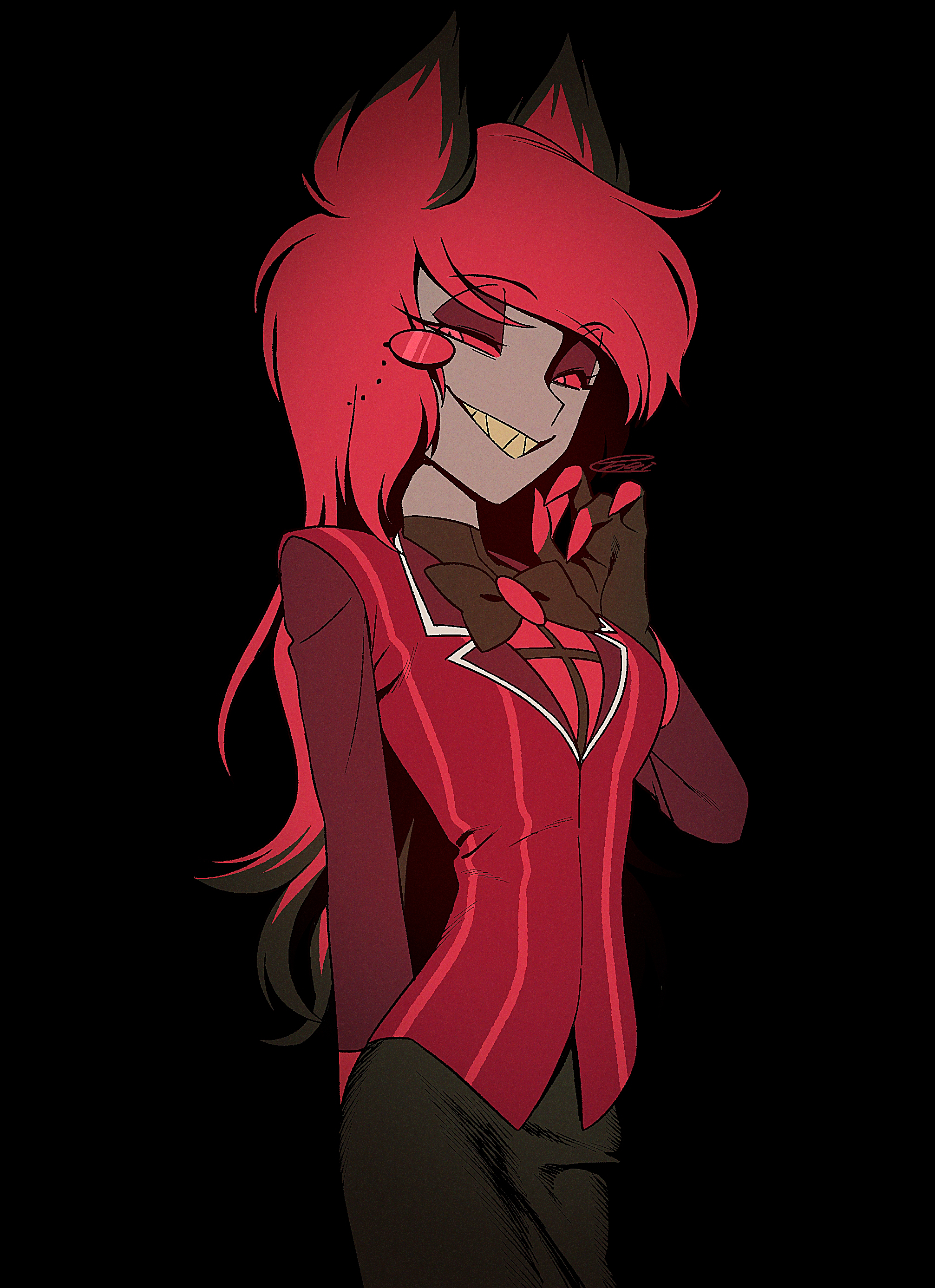 menma (enaic31), alastor (hazbin hotel), hazbin hotel, hellaverse, absurdres, commentary request, highres, 1girl, :d, arm behind back, black background, black bow, black bowtie, black skirt, bow, bowtie, breasts, colored sclera, colored skin, colored teeth, colored tips, cowboy shot, eyeshadow, fewer digits, genderswap, genderswap (mtf), grey skin, grin, hair horns, half-closed eyes, hand up, long hair, long sleeves, looking at viewer, makeup, monocle, multicolored hair, open mouth, pencil skirt, pinstripe pattern, pinstripe shirt, red eyes, red eyeshadow, red sclera, red shirt, sharp teeth, shirt, sideways glance, simple background, skinny, skirt, small breasts, smile, solo, standing, swept bangs, teeth, traditional bowtie, two-tone hair, yellow teeth