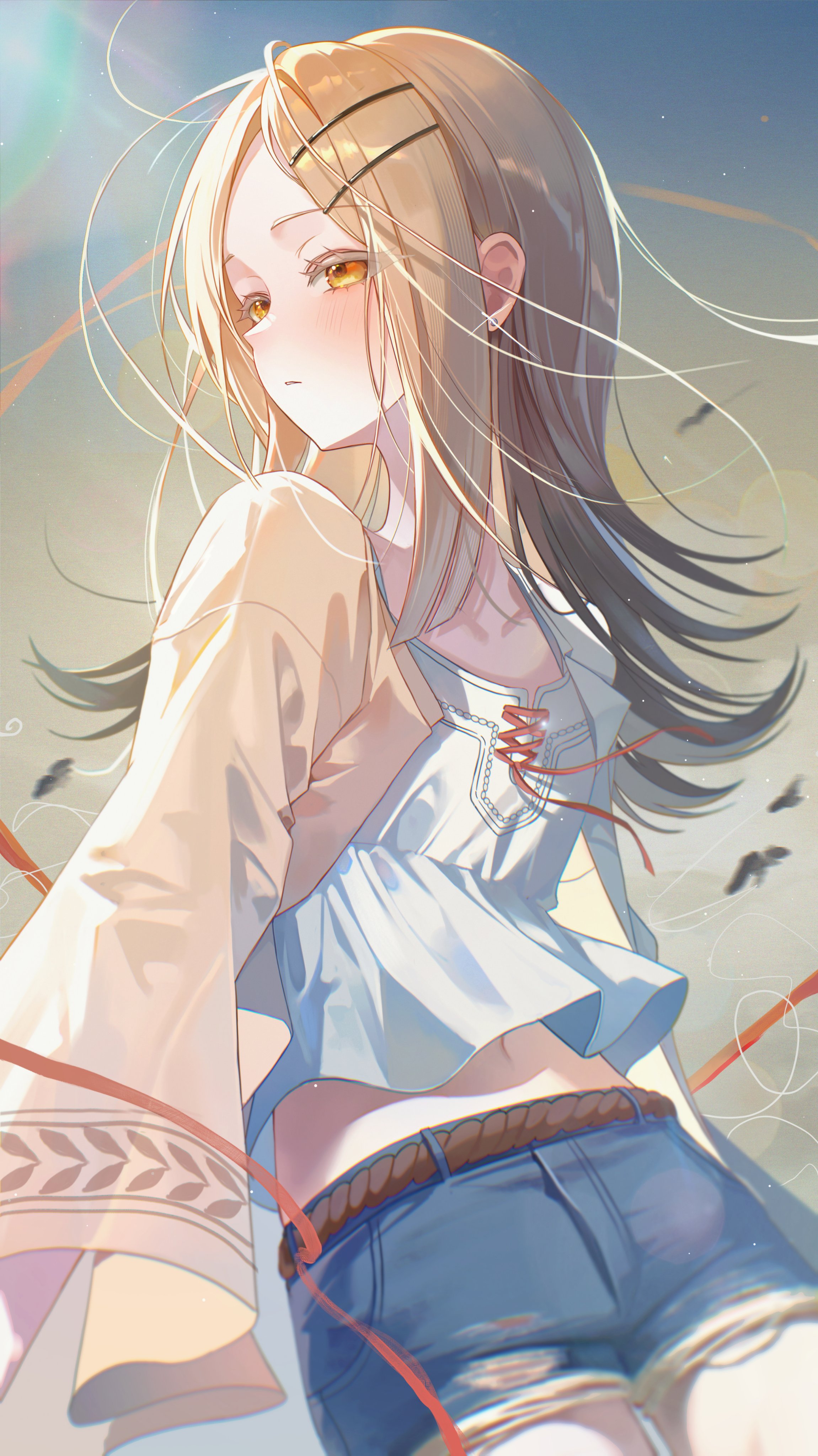 myowa, shinosawa hiro, gakuen idolmaster, idolmaster, absurdres, commentary request, highres, 1girl, belt, blonde hair, blush, brown belt, colored eyelashes, cowboy shot, cutoffs, denim, denim shorts, earrings, expressionless, eyelashes, floating hair, forehead, hair ornament, hairclip, jacket, jewelry, long hair, long sleeves, looking to the side, midriff peek, navel, open clothes, open jacket, orange eyes, outdoors, parallel hairclips, parted lips, red ribbon, ribbon, shirt, shirt ribbon, short shorts, shorts, solo, standing, stud earrings, sunlight, torn clothes, torn shirt, turning head, white shirt, yellow jacket