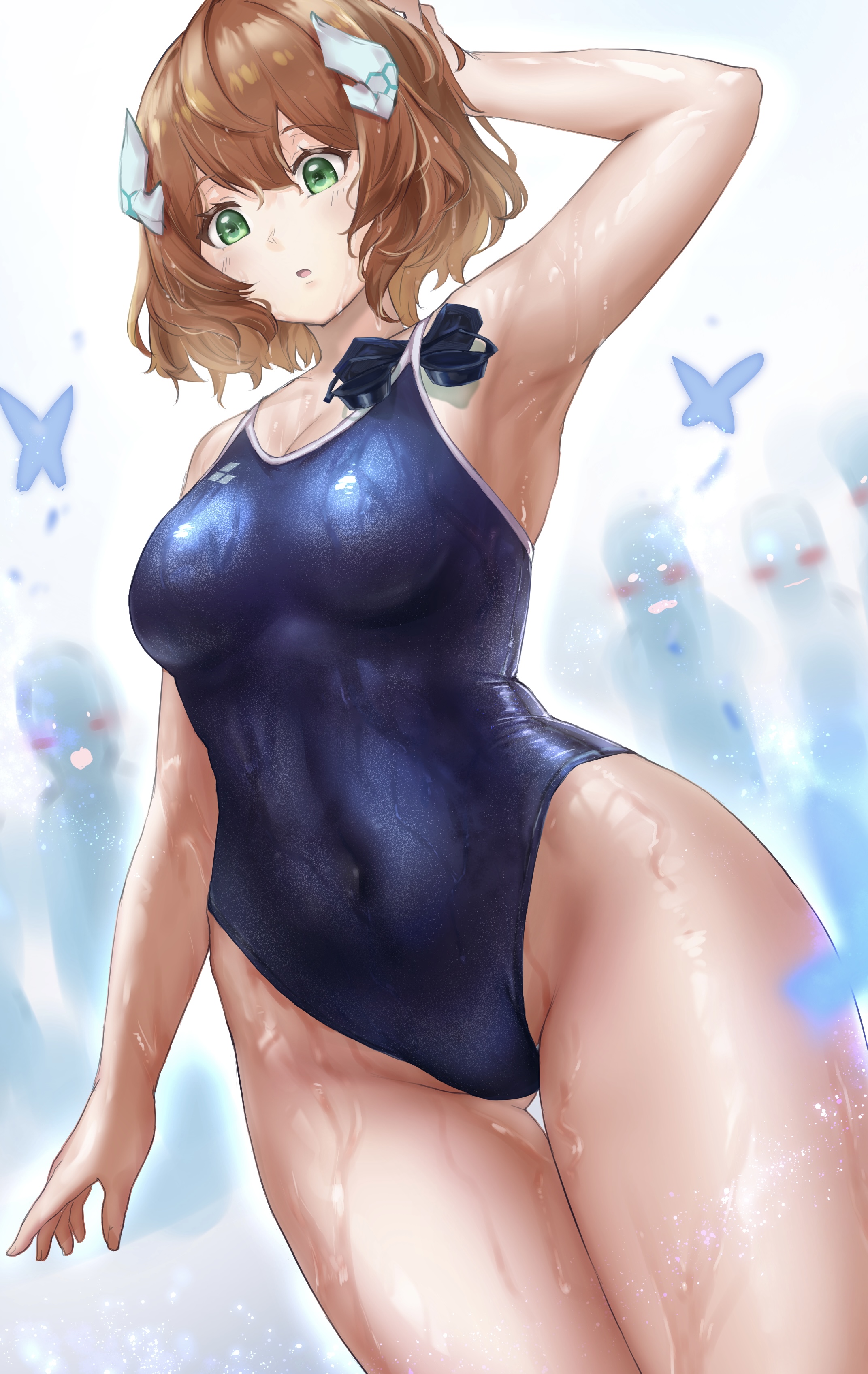 hundred brazil, dragon musume ni naritakunai!, duel masters, absurdres, commentary request, highres, 1girl, anno akira, arm up, armpits, blue one-piece swimsuit, blush, breasts, brown hair, cleavage, cowboy shot, gluteal fold, goggles, green eyes, highleg, highleg one-piece swimsuit, horns, large breasts, one-piece swimsuit, people, school swimsuit, short hair, solo focus, swimsuit, unworn goggles