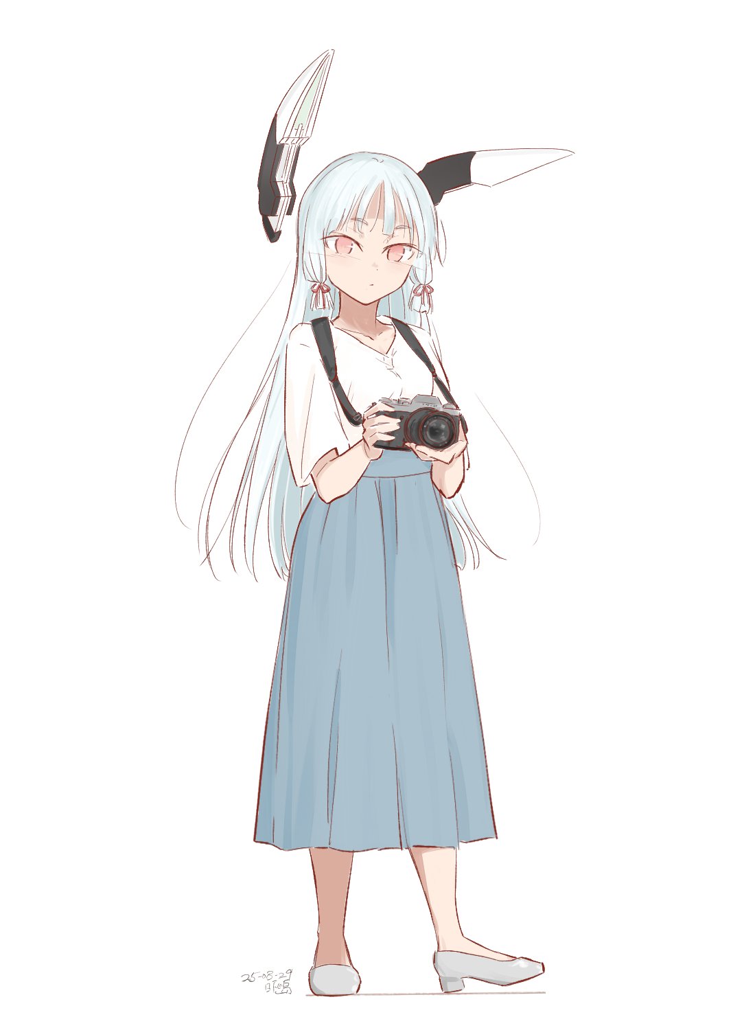 hikashima (shiofune), murakumo (kancolle), kantai collection, highres, 1girl, alternate costume, blue skirt, camera, casual, floating headgear, full body, headgear, long hair, orange eyes, shirt, shoes, simple background, skirt, solo, white background, white hair, white shirt, white shoes