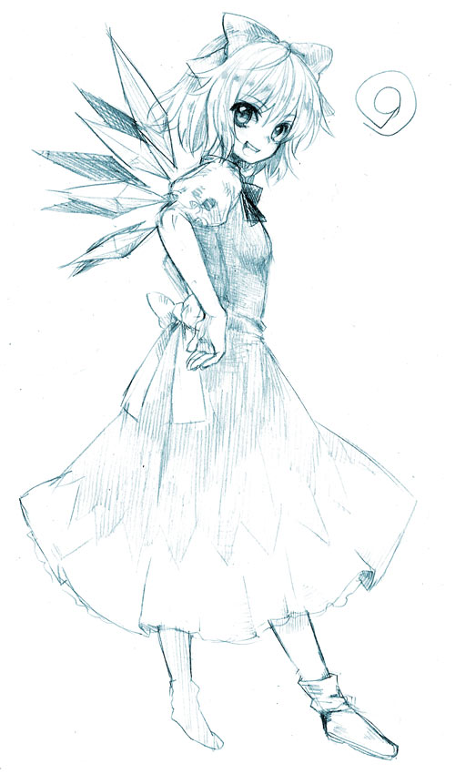 usa (artist), usaki (ama), cirno, phantasmagoria of flower view, touhou, graphite (medium), traditional media, 1girl, bow, circled 9, dress, female focus, hair bow, hands on own hips, looking at viewer, monochrome, short hair, smile, solo, wings