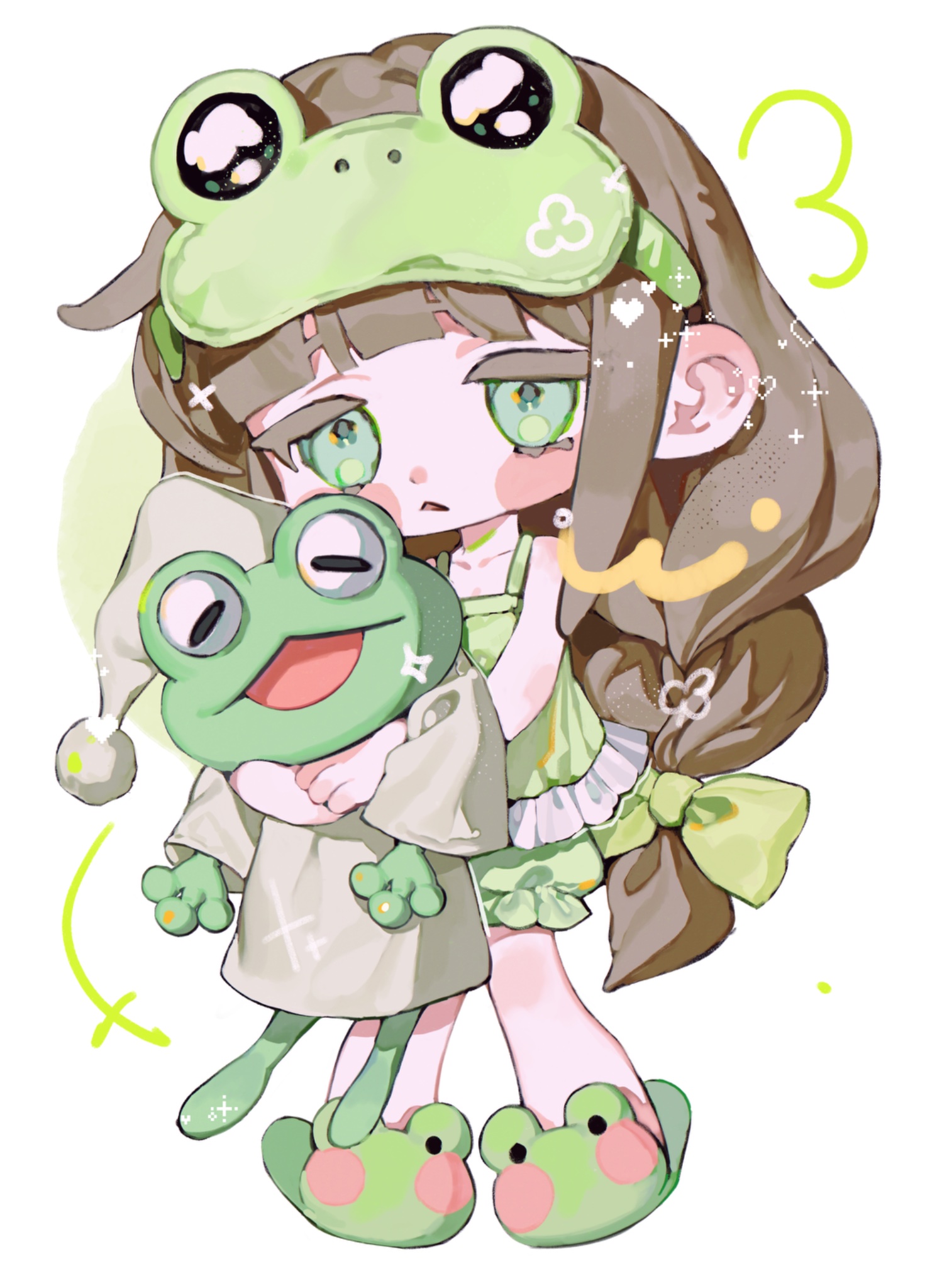 lipea05, zombie high school, highres, 1girl, blunt bangs, blush stickers, bow, braid, brown hair, camisole, chibi, frills, frog, full body, green bow, green eyes, green shirt, hair bow, hat, holding, holding stuffed toy, long hair, looking at viewer, mask, mask on head, open mouth, pajamas, shirt, shorts, simple background, sleep mask, sleepwear, slippers, sparkle, standing, stuffed toy, white background, yu ru-mi