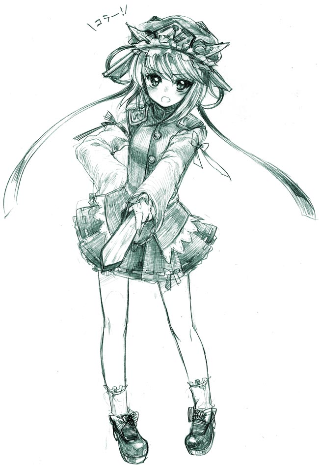 usa (artist), usaki (ama), shiki eiki, touhou, graphite (medium), traditional media, 1girl, blush, bow, female focus, foreshortening, frown, hand on own hip, hat, loafers, looking at viewer, monochrome, open mouth, pigeon-toed, pointing, ribbon, rod of remorse, shoes, short hair, skirt, socks, solo, standing